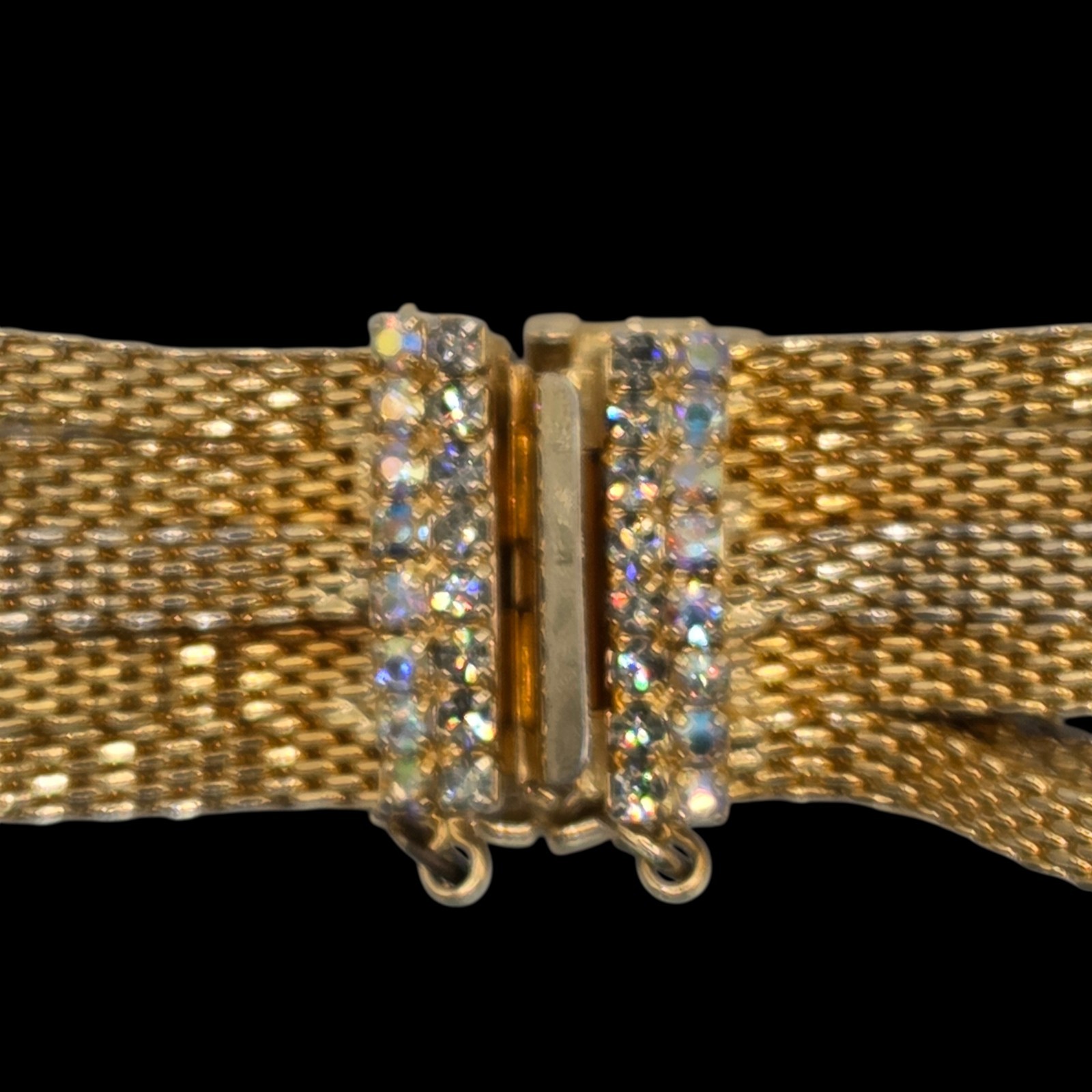Vintage Hobé Gold Mesh Rhinestone Bracelet 7.25 In. Safety Chain – Signed