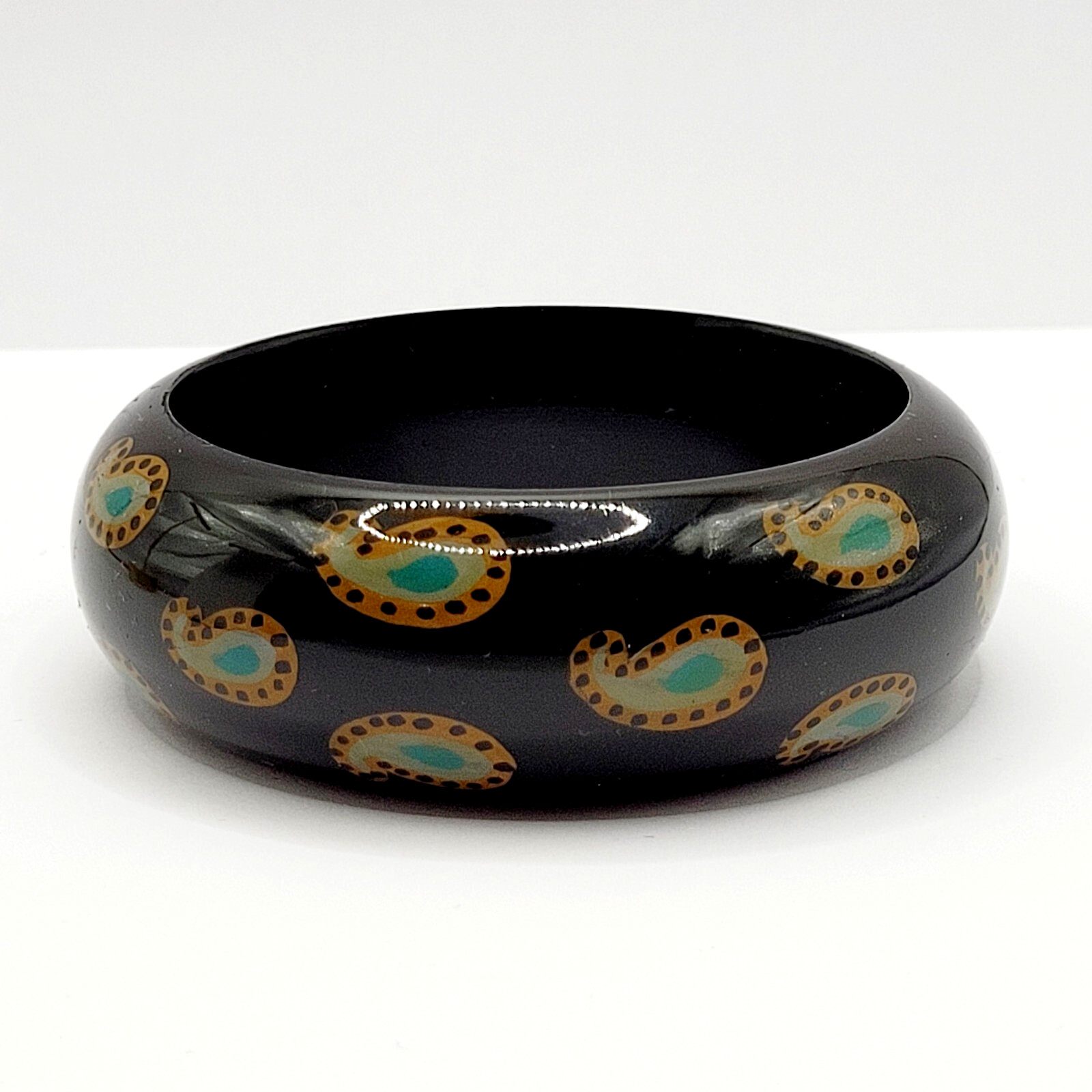 Paisley on Black Vintage Wide Chunky Vintage 1980s Acrylic Bangle Bracelet 8 In