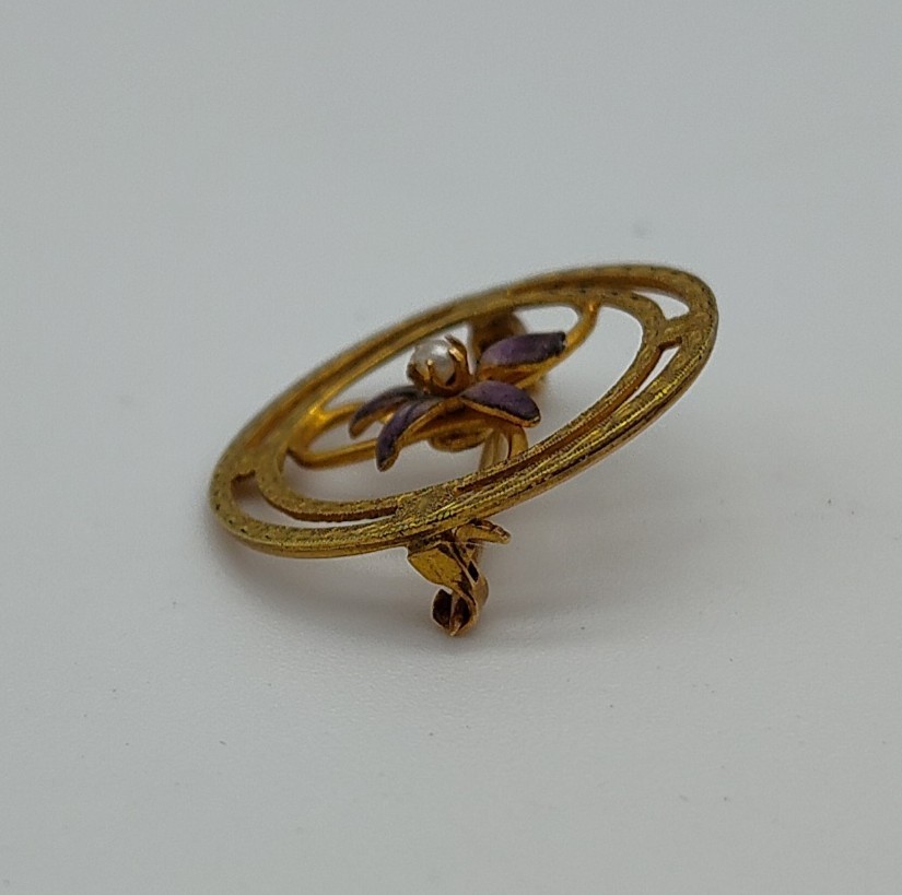 Vintage 10K Yellow Gold Circle Blue Flower Purple Violet Pearl Brooch Pin Lapel