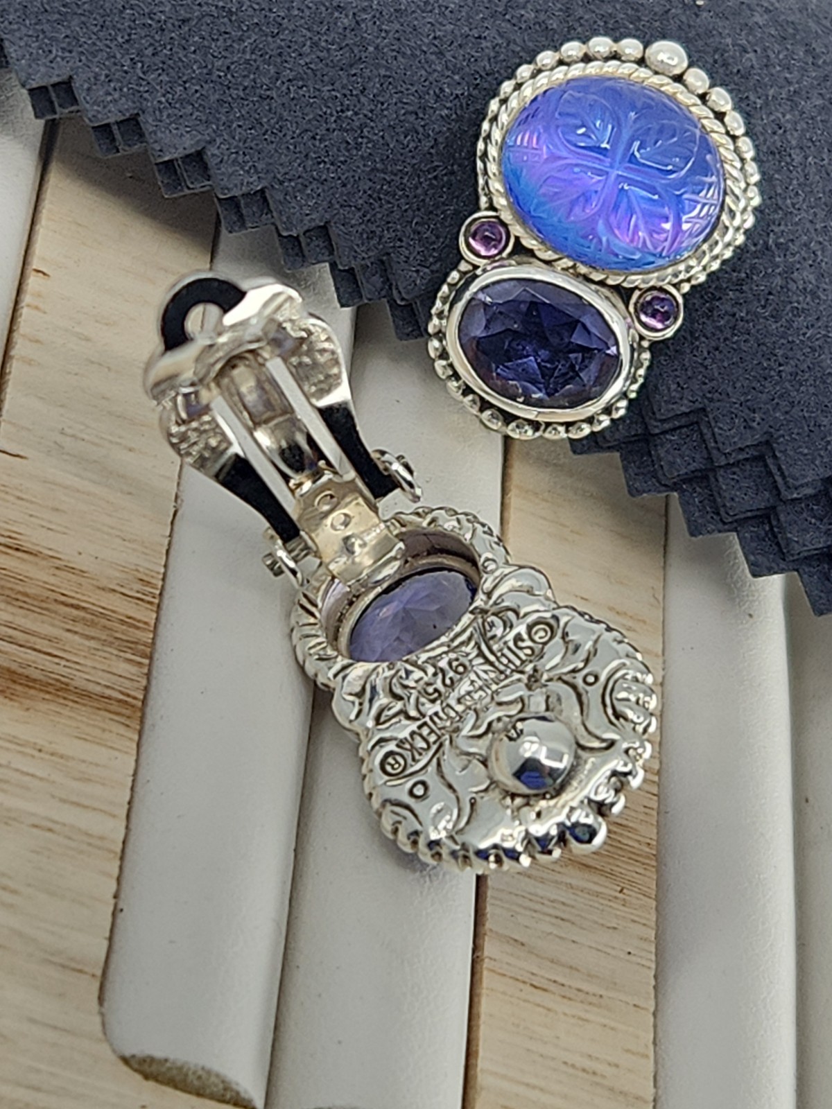Stephen Dweck Sterling Silver Carved Blue Quartz Iolite Clip On Earrings