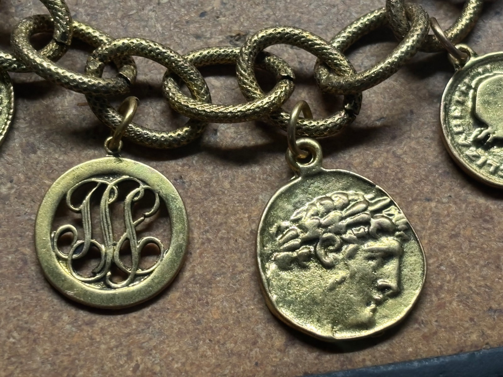 Vintage YOCHI NY Multi Chain Link GREEN ROMAN BRITISH SWISS GOLD COIN Bracelet