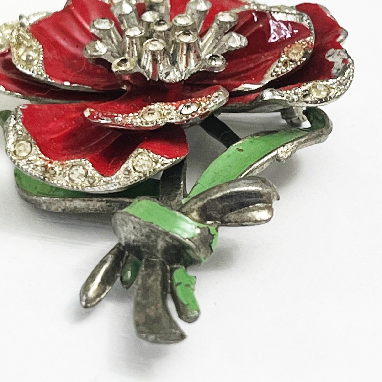 New England Glass Works Trembler Brooch Red Pansy Flower Enamel Pot Metal