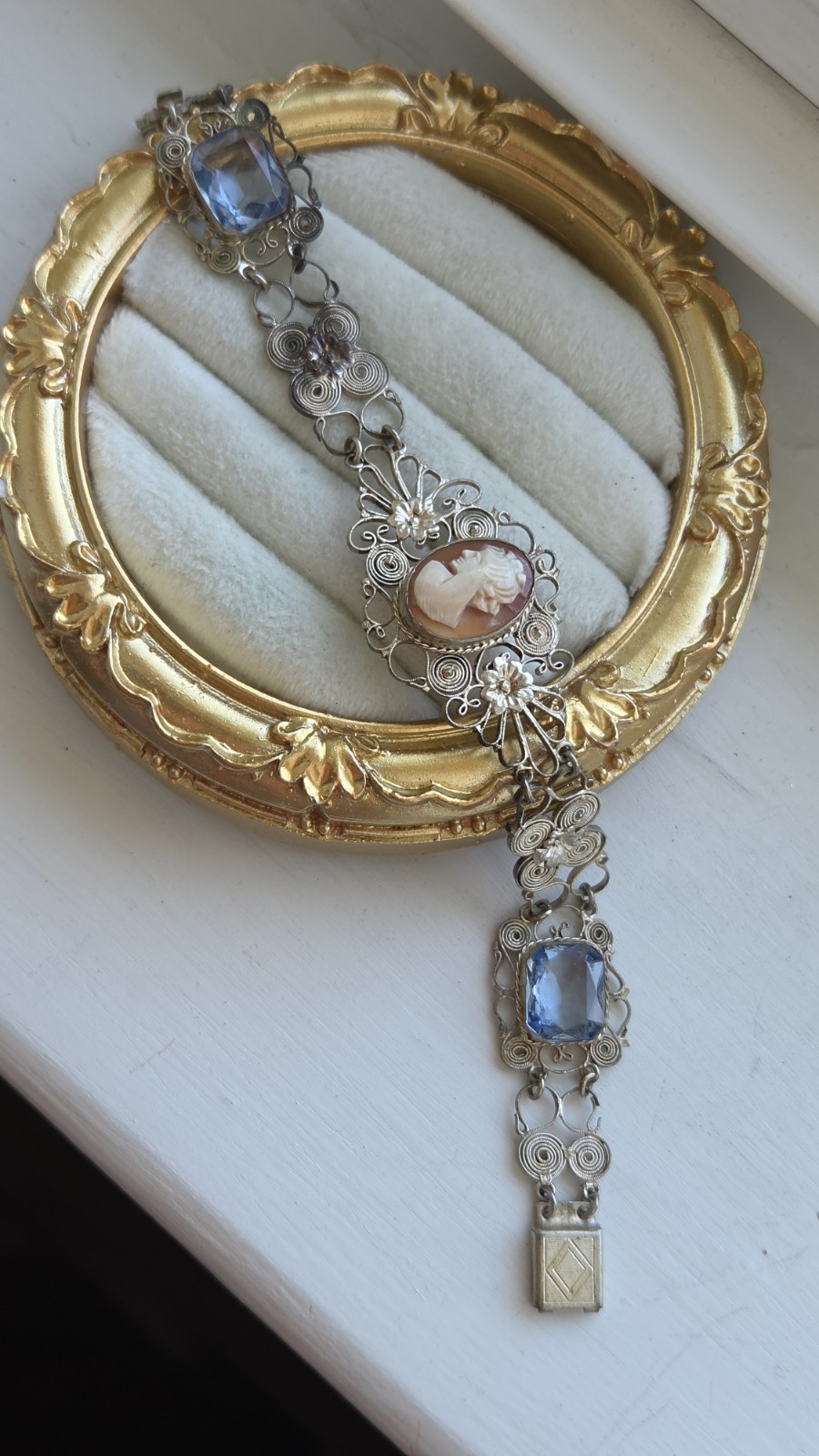 Vintage Art Deco Cannetille Filigree Cameo & Topaz Bracelet 7″