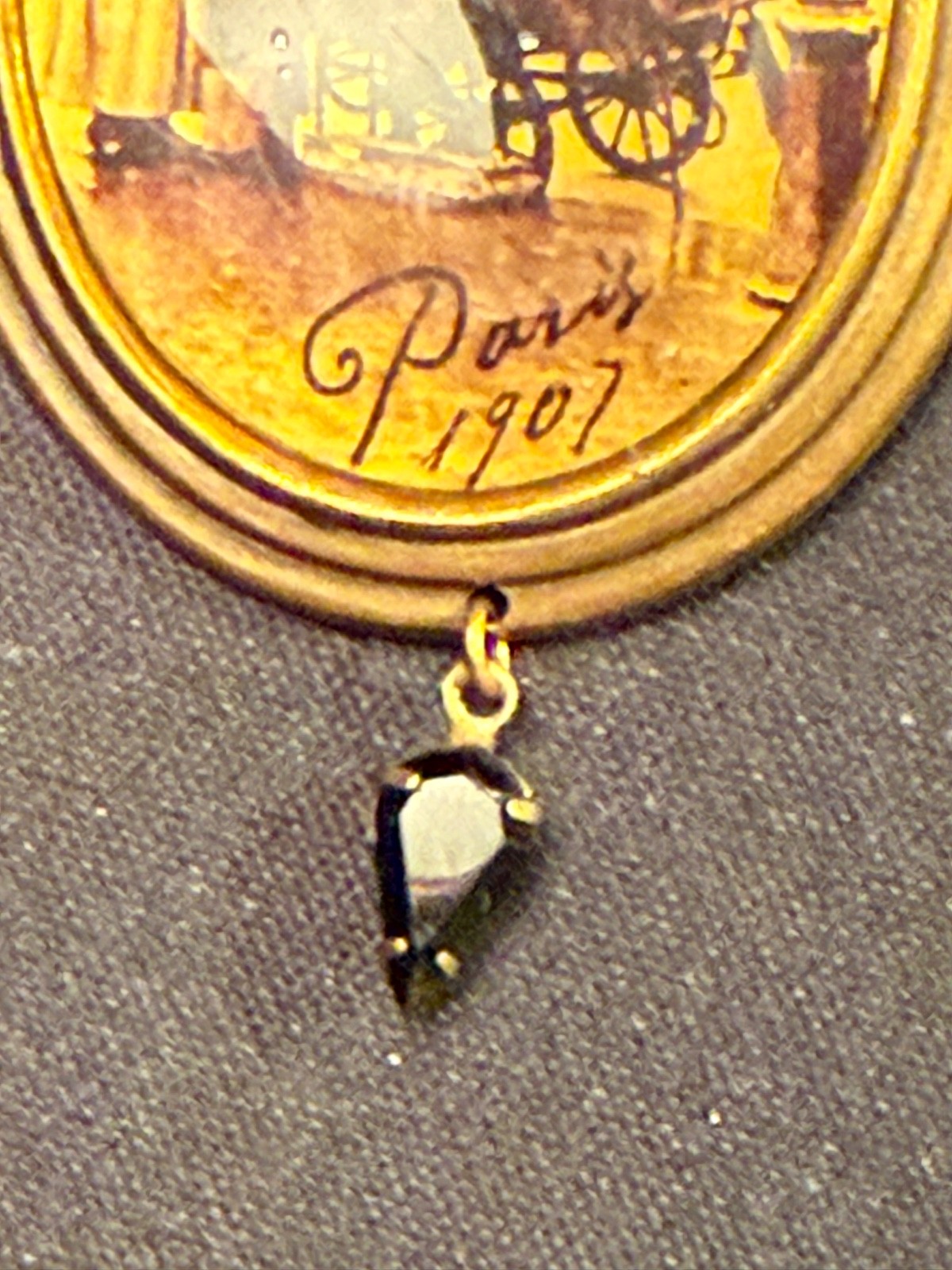 Antique Brooch w/ Picture of Flower Cart & Woman Dated Paris 1907 w/ Black Stone