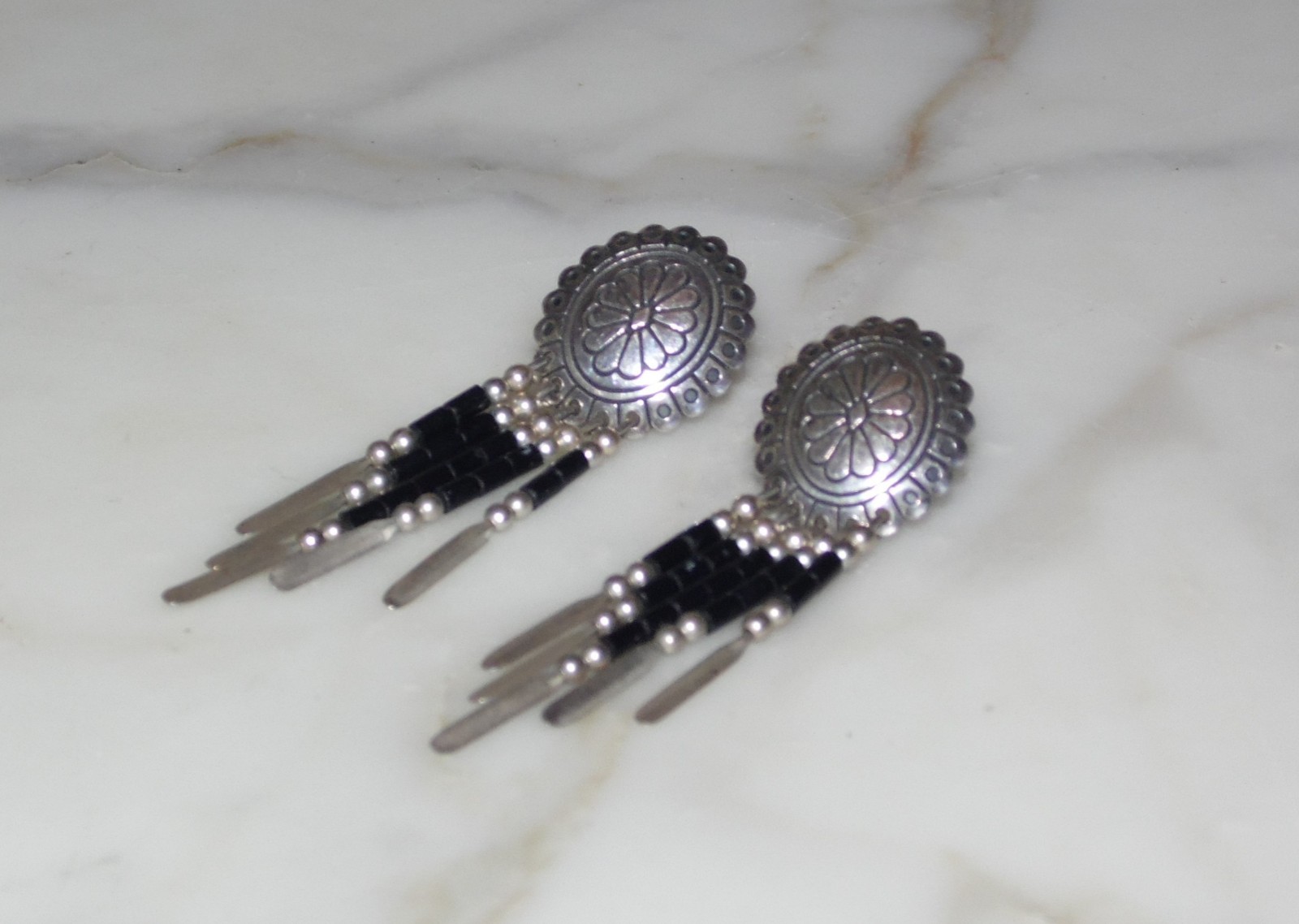 Vintage Carolyn Pollack Q.T. Sterling Silver 925 Onyx Dangle Southwest Earrings