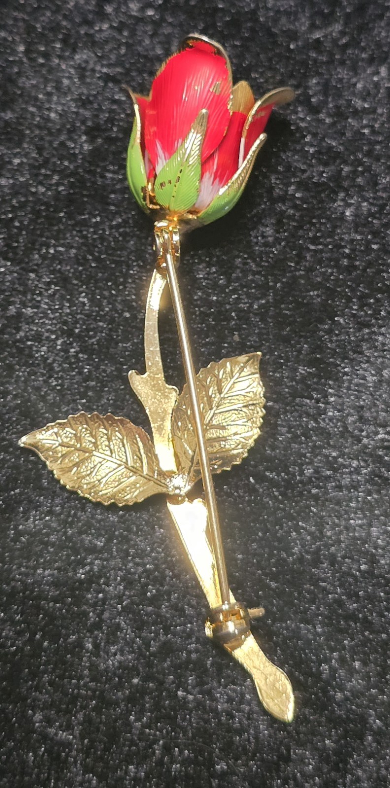 Vintage Rose Pin / Brooch Gold Red & Green Enamel