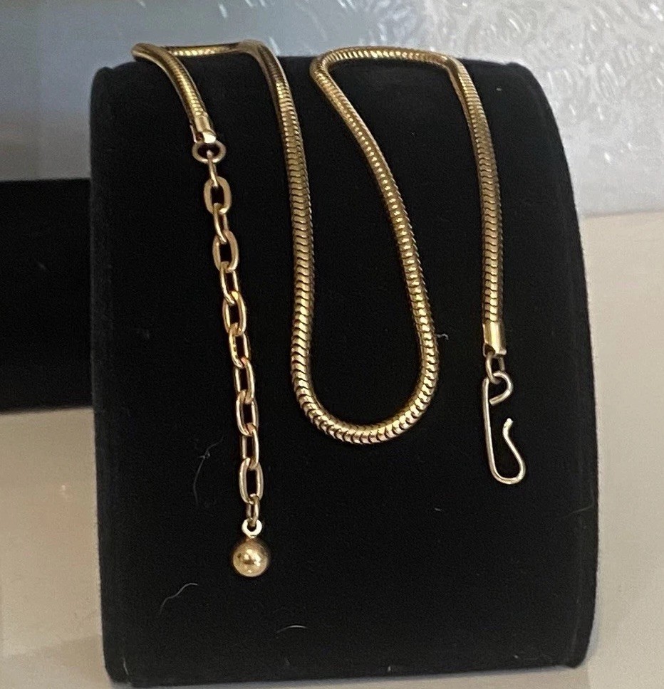 Vintage Necklace 16in Gold Tone Snake Chain w/ Extender & Hook Clasp 1950s Era