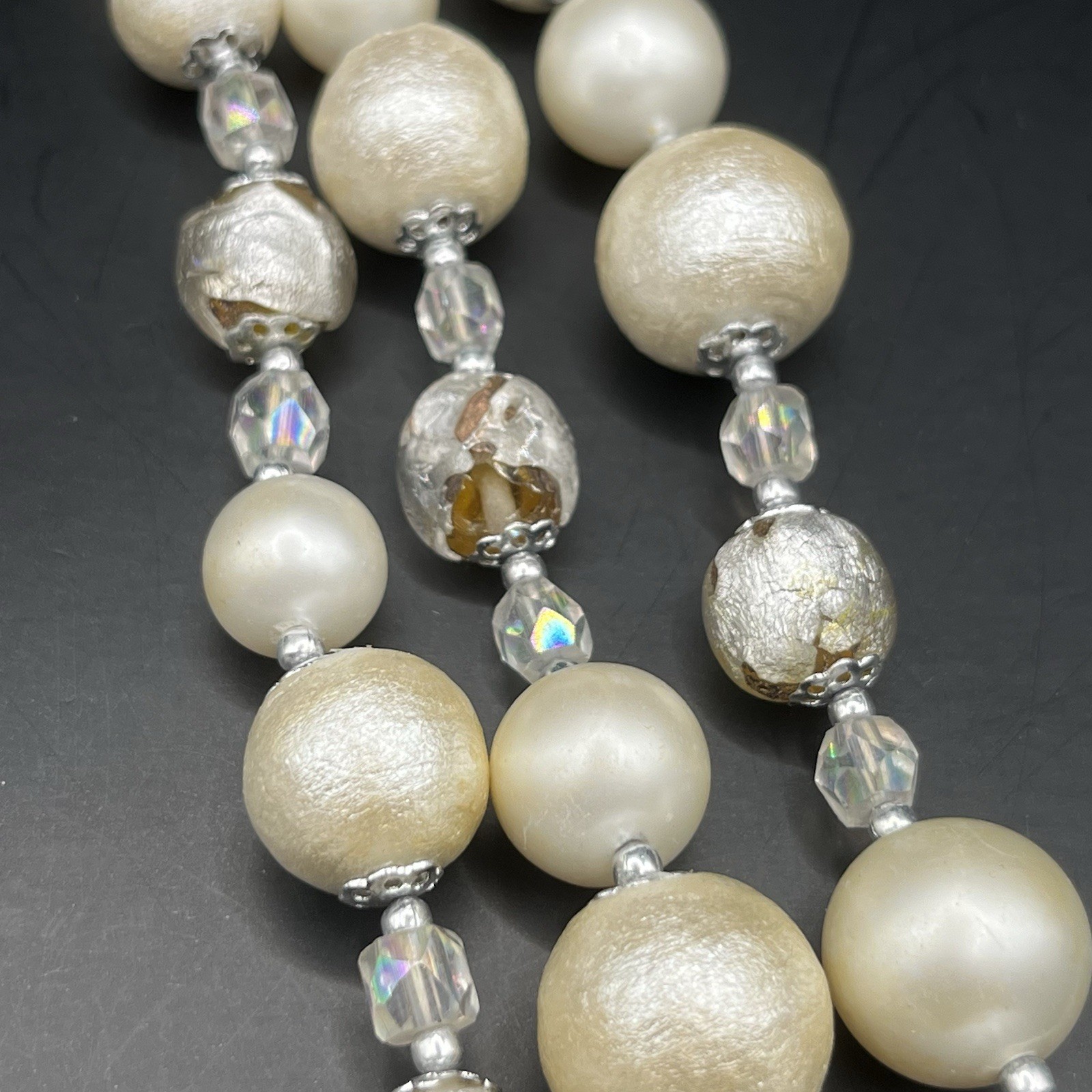 Vintage Japan Necklace Faux Pearls AB Beads Graduated Triple Strand *READ NOTES