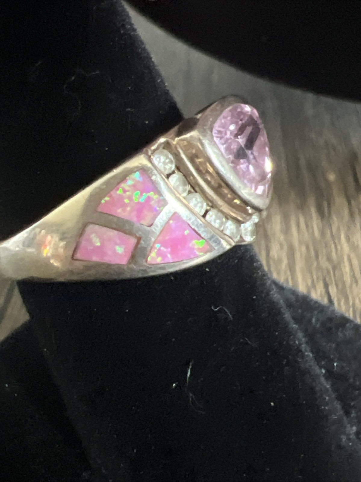 Stunning 925 Sterling Silver Pink Trillion Cut Ring with Inlay & Accents