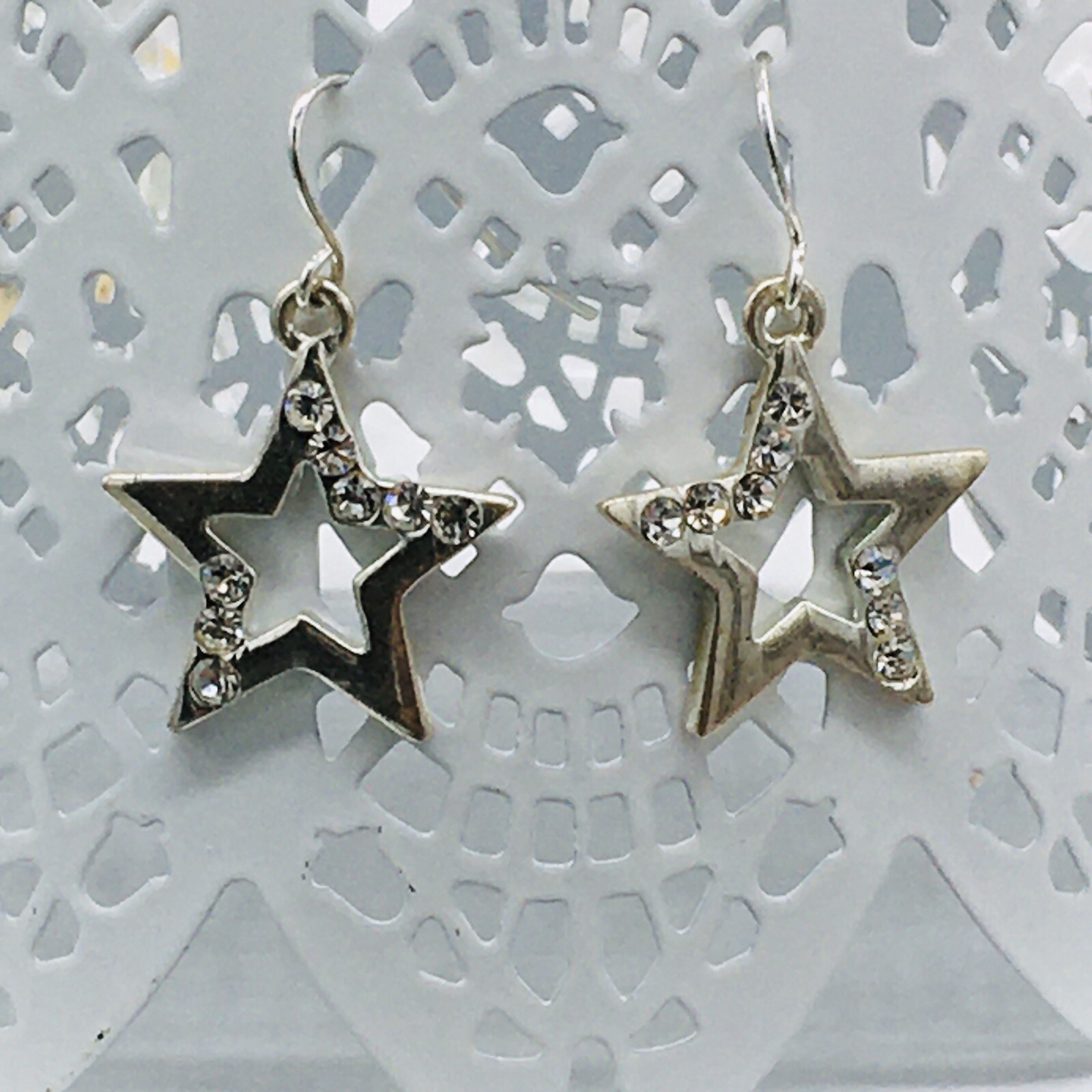 Silver Tone Star Rhinestone Dangle Earrings Approx .9″