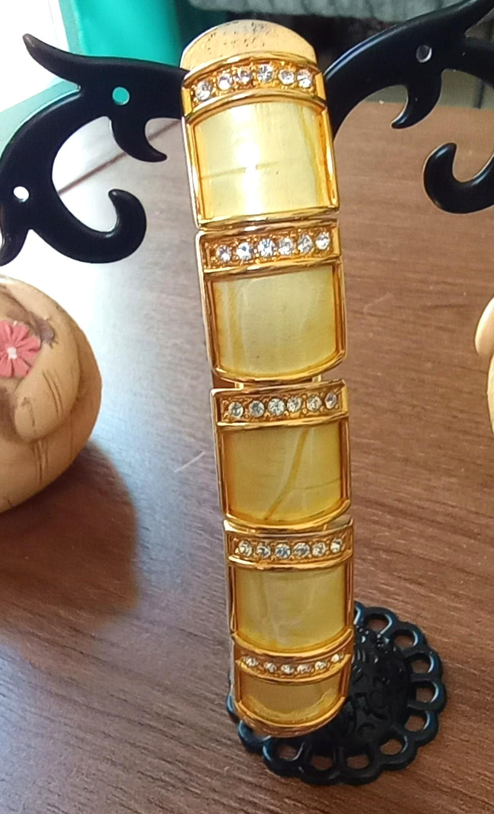 Joan Rivers bracelet, leather and rhinestone panel stretch, cream and gold tone
