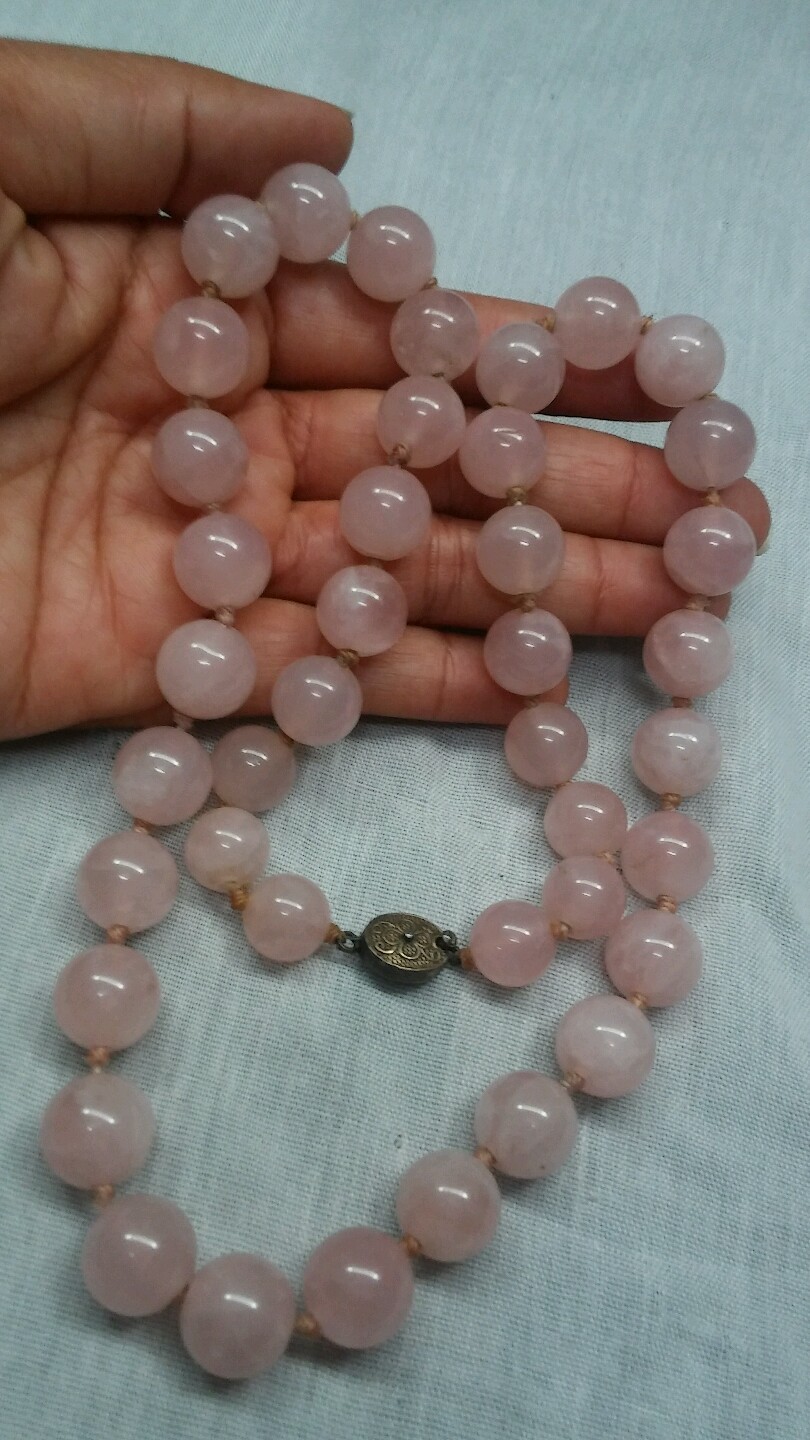 Stunning vintage Chinese export rose quartz silver filigree clasp necklace