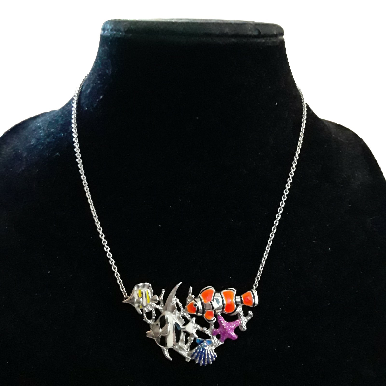 Kabana Sterling Silver 925 Enamel Tropical Fish Sea Life Necklace Multicolor 19″
