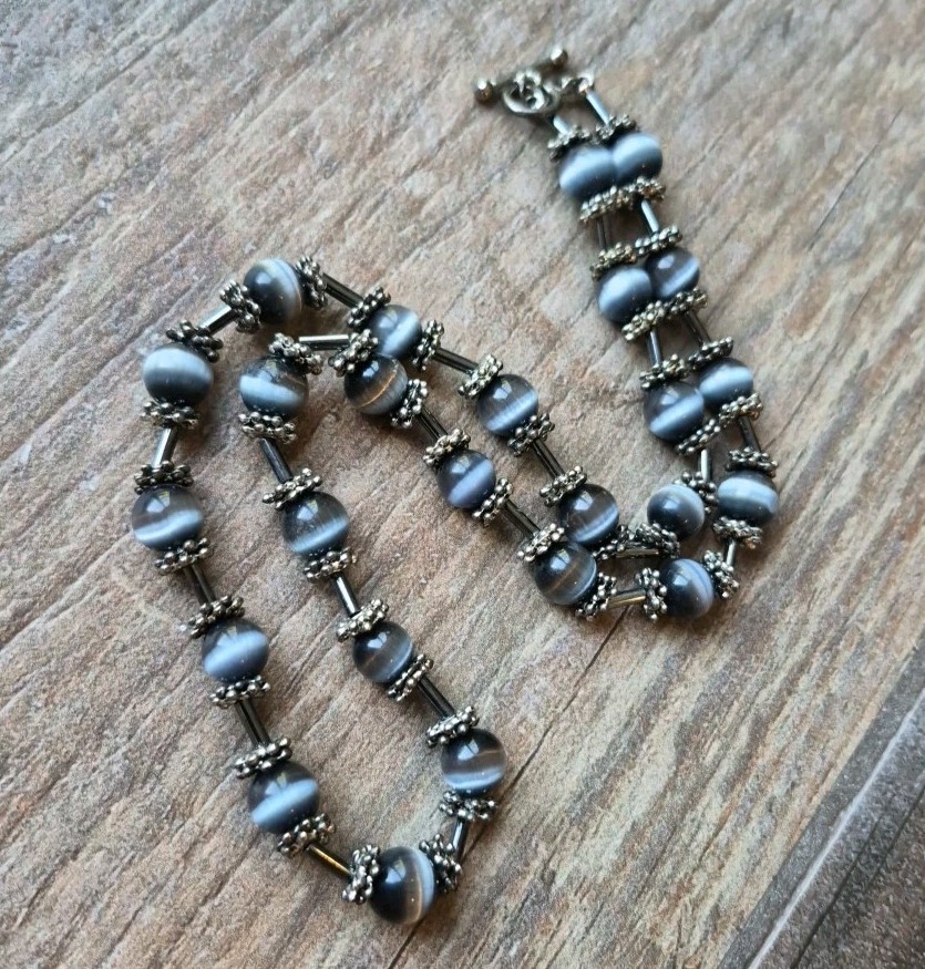 Vintage Glass Bead Necklace w/ Intricately Detailed Spacers, Toggle Closure