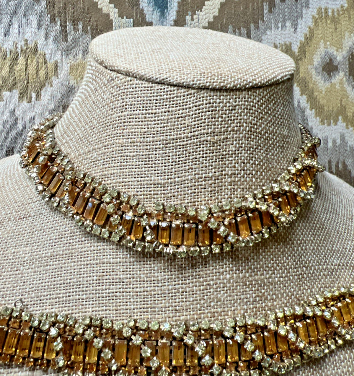 VTG. KRAMER N.Y. PARURE TOPAZ & CLEAR RHINESTONE NECKLACE BRACELET EARRING SET