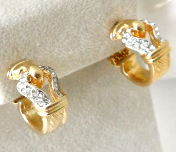 Buckle Earrings Clip On Half Hoops Gold Tn Rhinestones Unsigned ESPO Dead Stock