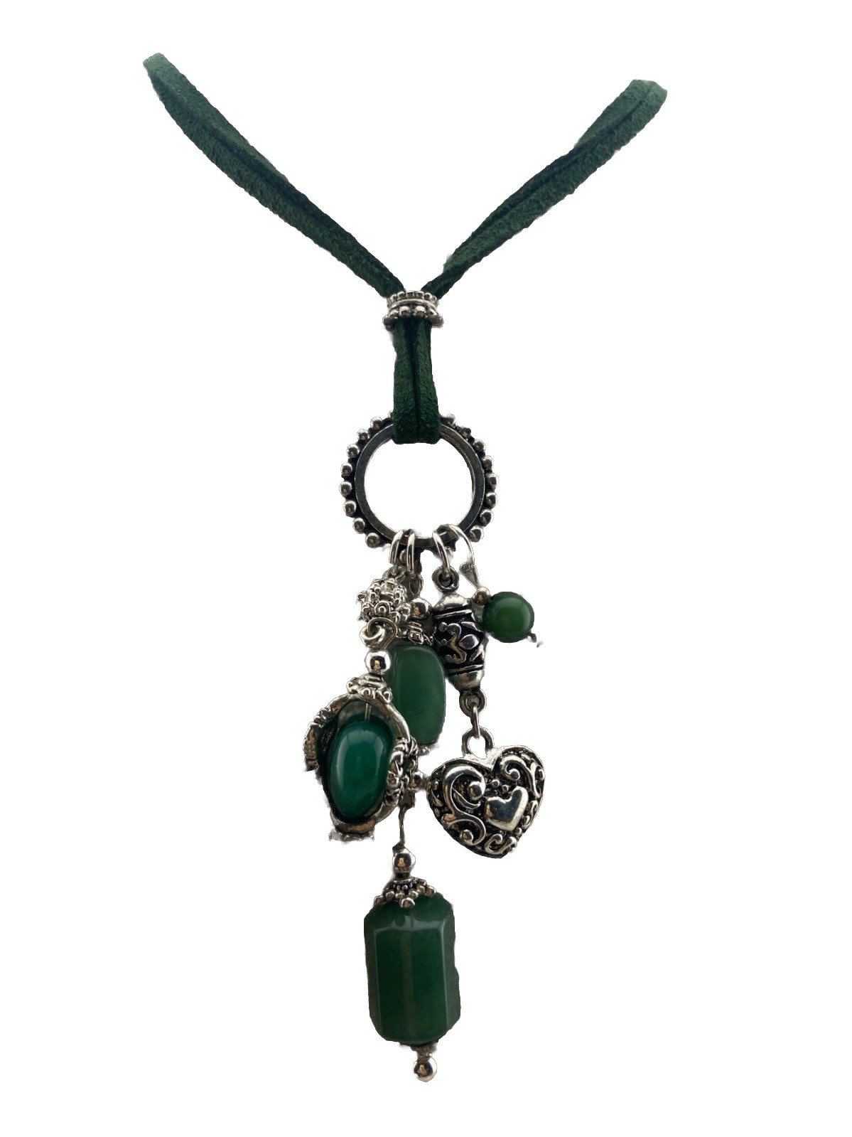 Mod Vtg Silver & Green Semi Precious Stone Tassel Necklace W/ Double Suede Cord