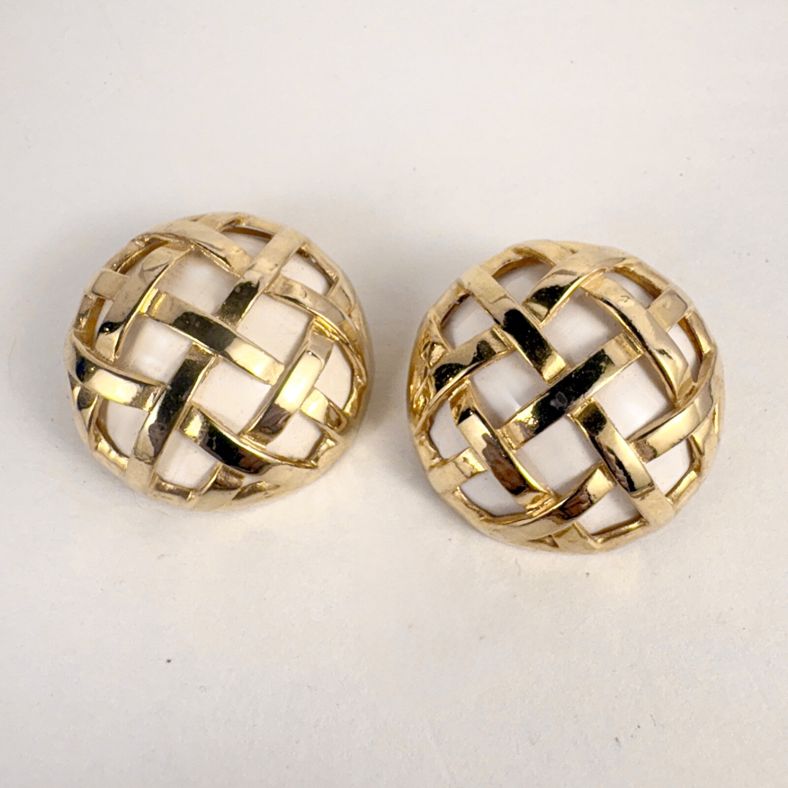 vintage Gold Basket Weave Earrings white clip-on from Henri Bendel Beautiful