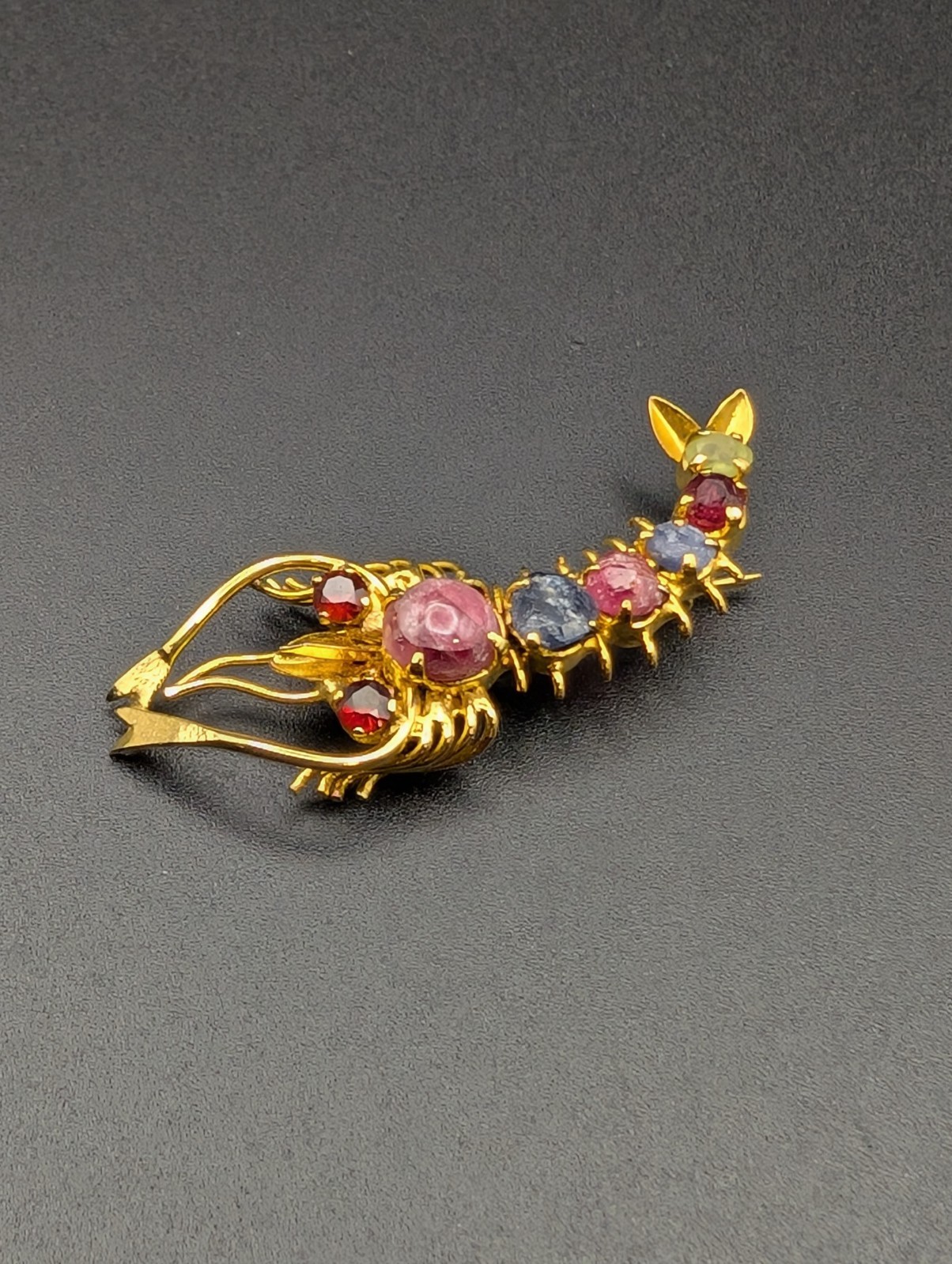 10K Gold & Gemstone Shrimp Brooch. Garnet, Ruby, Sapphire, Peridot(raw&Polished)