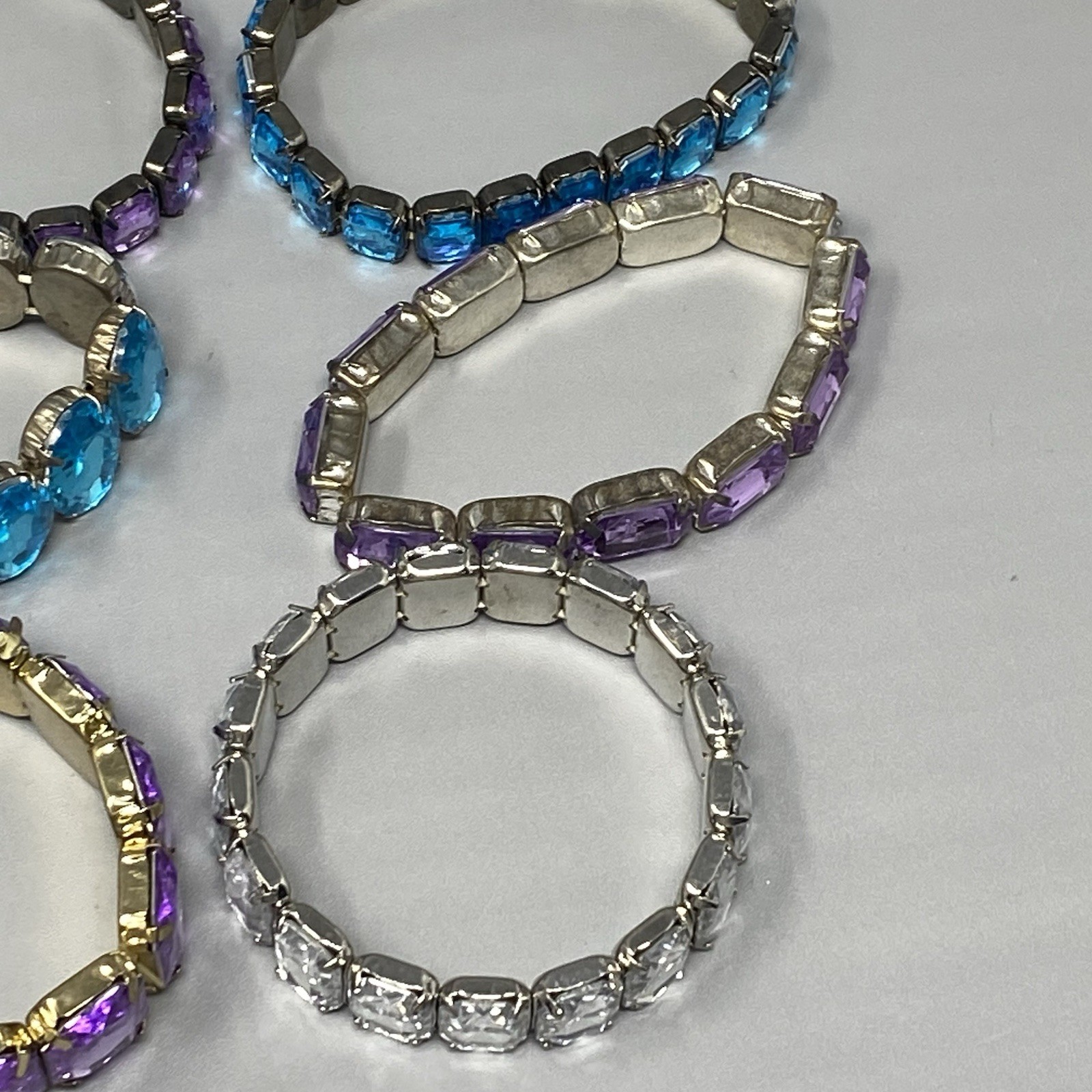 Rhinestone Stretch Bracelet Lot of 6 Blue Purple Clear Acrylic Silver Gold Tone