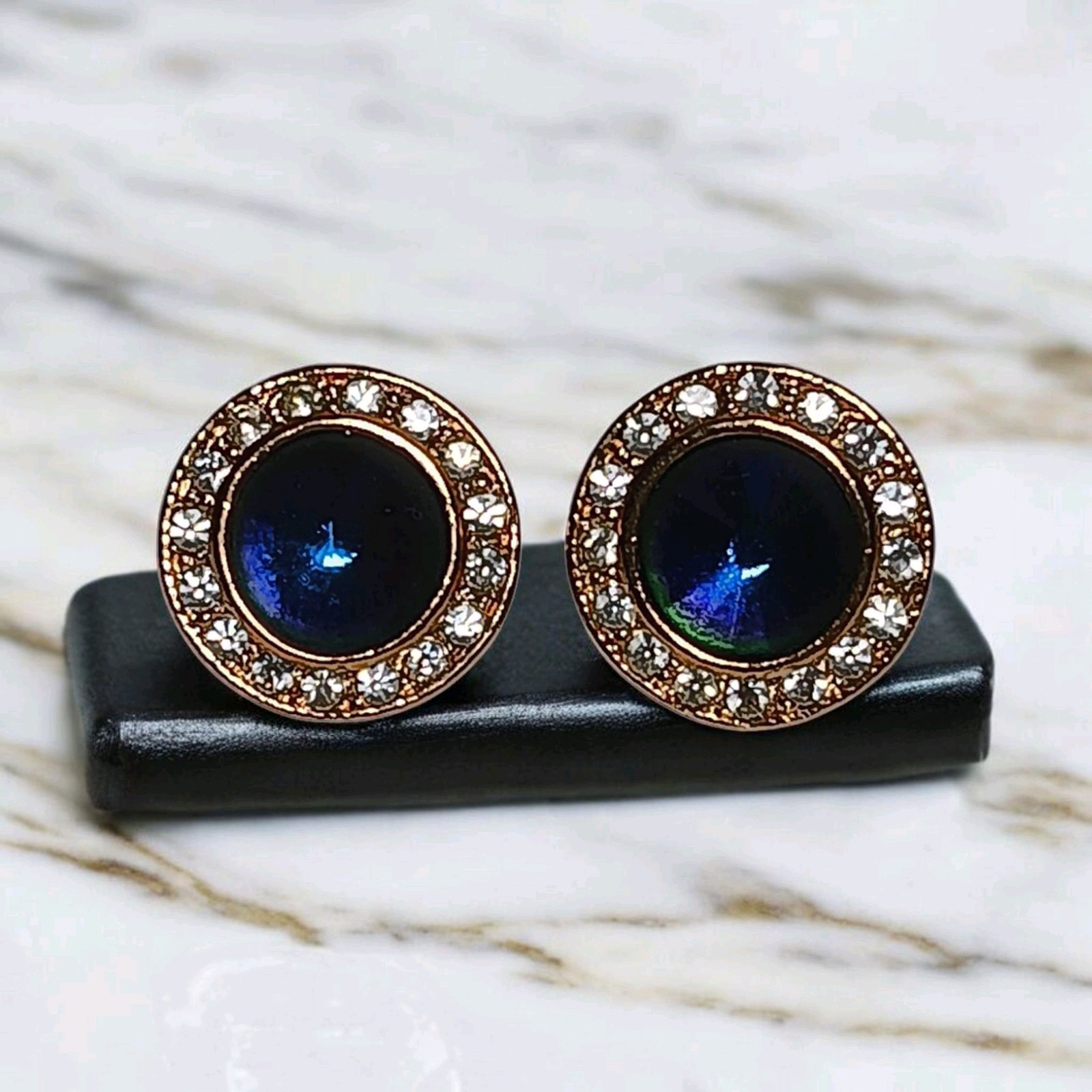 Roman Signed Earrings Violet Blue Rivoli Clear Crystal Gold Tone Round Pierced