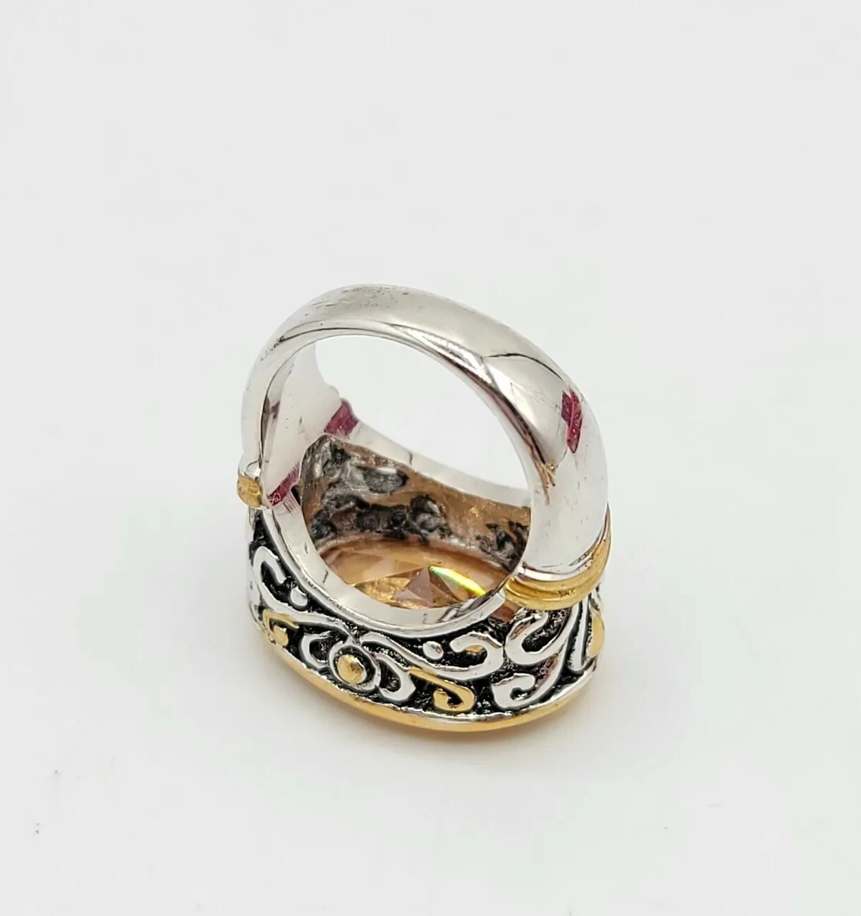 Vtg Sz 7 Ring Lg Citrine Topaz Cubic Zirconia 18KGE Scrolls Medieval Jewelry