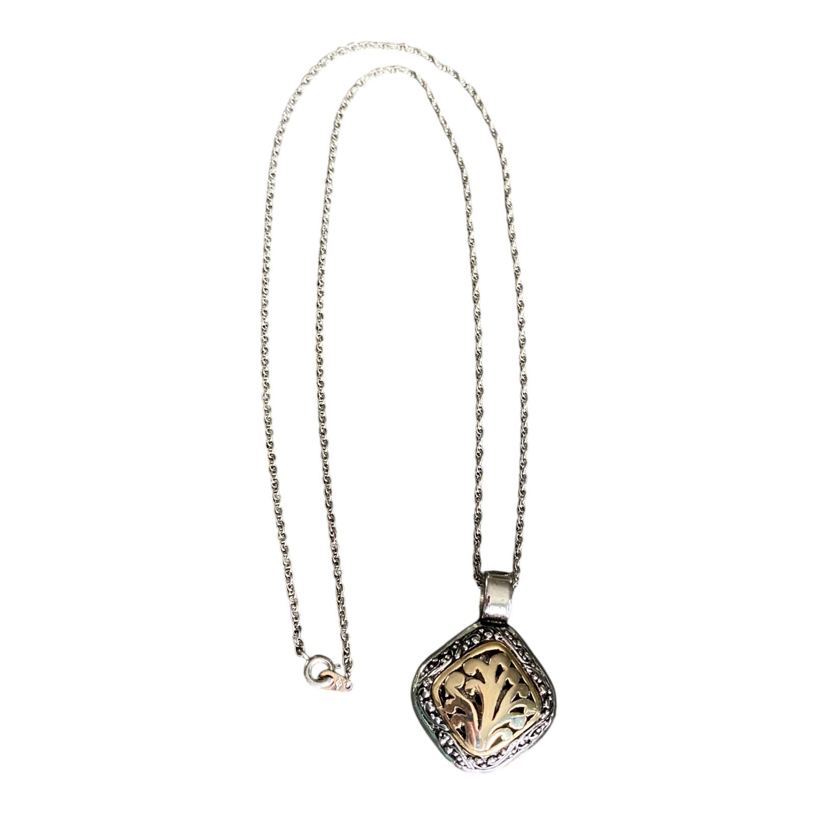 Vintage Two Tone Scroll Pendant And Silver Necklace Chain Signed SN C289