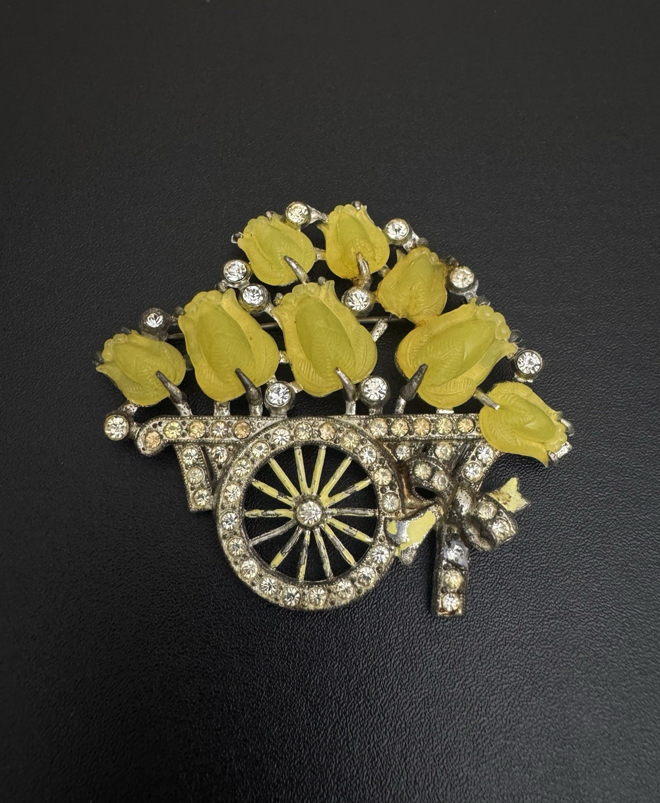 Vintage Costume Yellow Glass Fruit Salad Wheelbarrow Flower Brooch Pin
