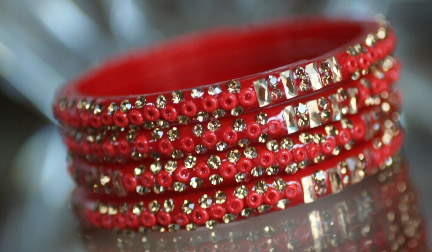 VINTAGE *FOUR RED BEADED PLASTIC BANGLES W/GOLD PIPING* VERY SMALL WRIST ONLY