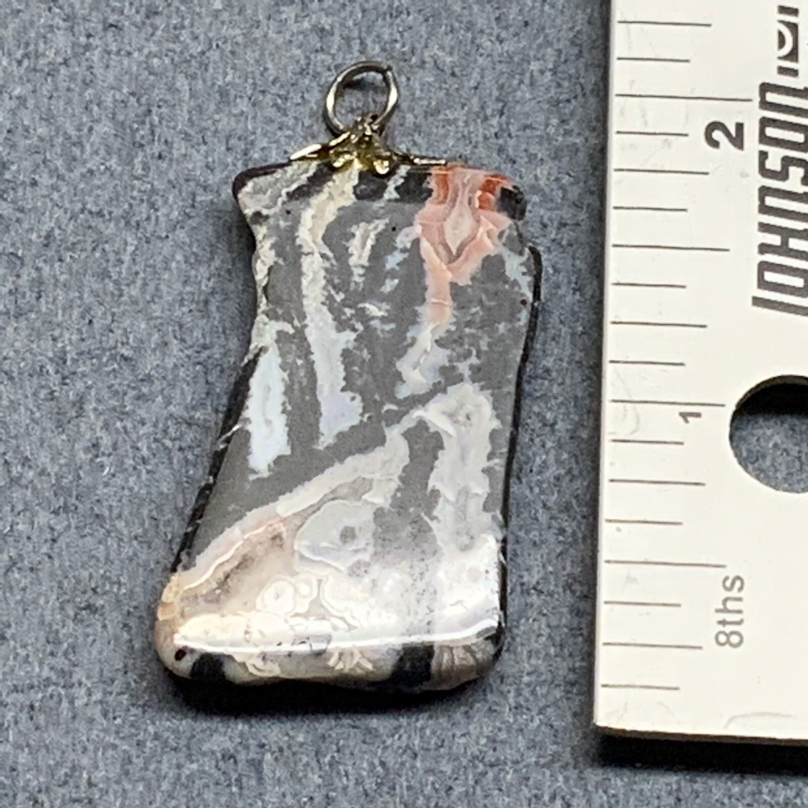 Marbled Stone Pendant 2 In Organic Shaped Silver Findings Black Gray White Red