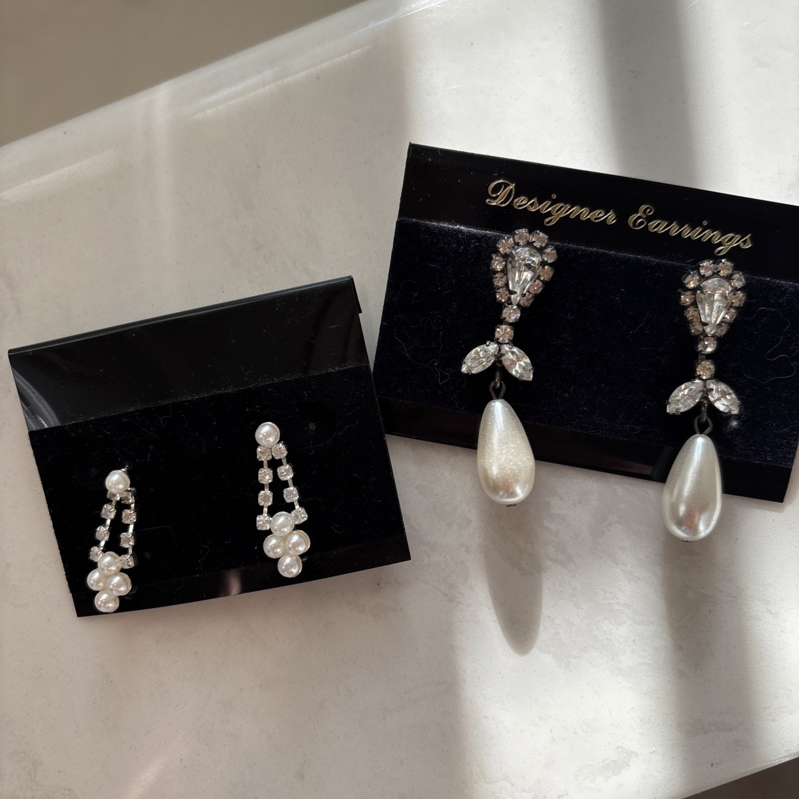 Vintage Costume Jewelry Faux Pearl And Rhinestones Drop Earrings (2 Pairs)