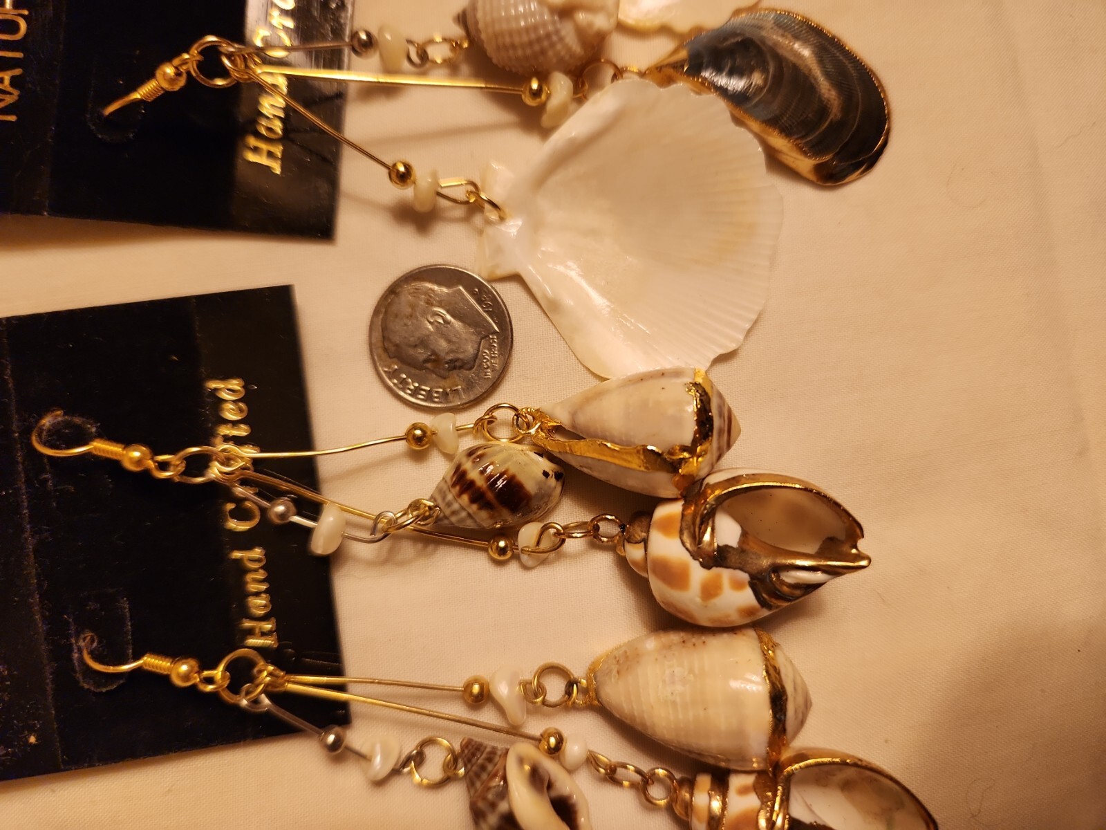 Vtg Sea shell gold trim foil natural estate Dangle Earrings 4″ Jewelry Lot of 2