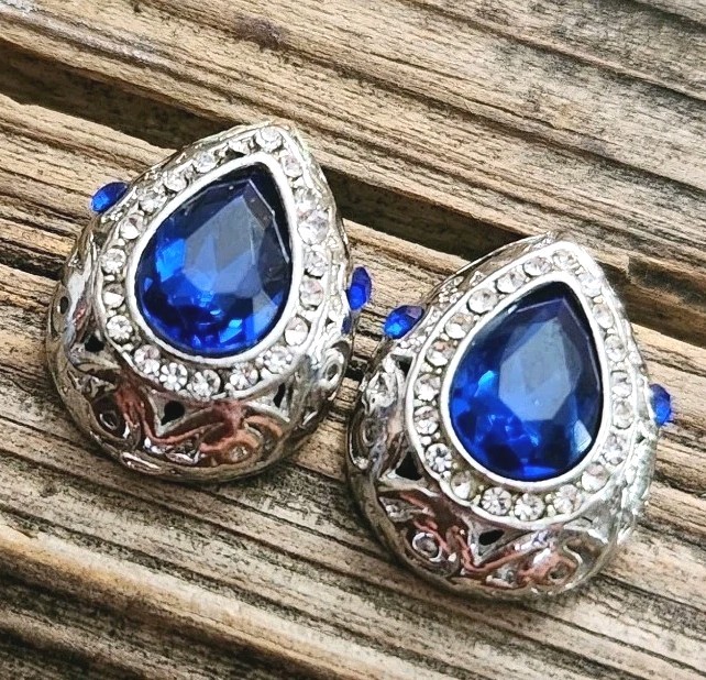 Vintage Teardop Blue Faux Sapphire Clear Rhinestones Formal Bling Earrings