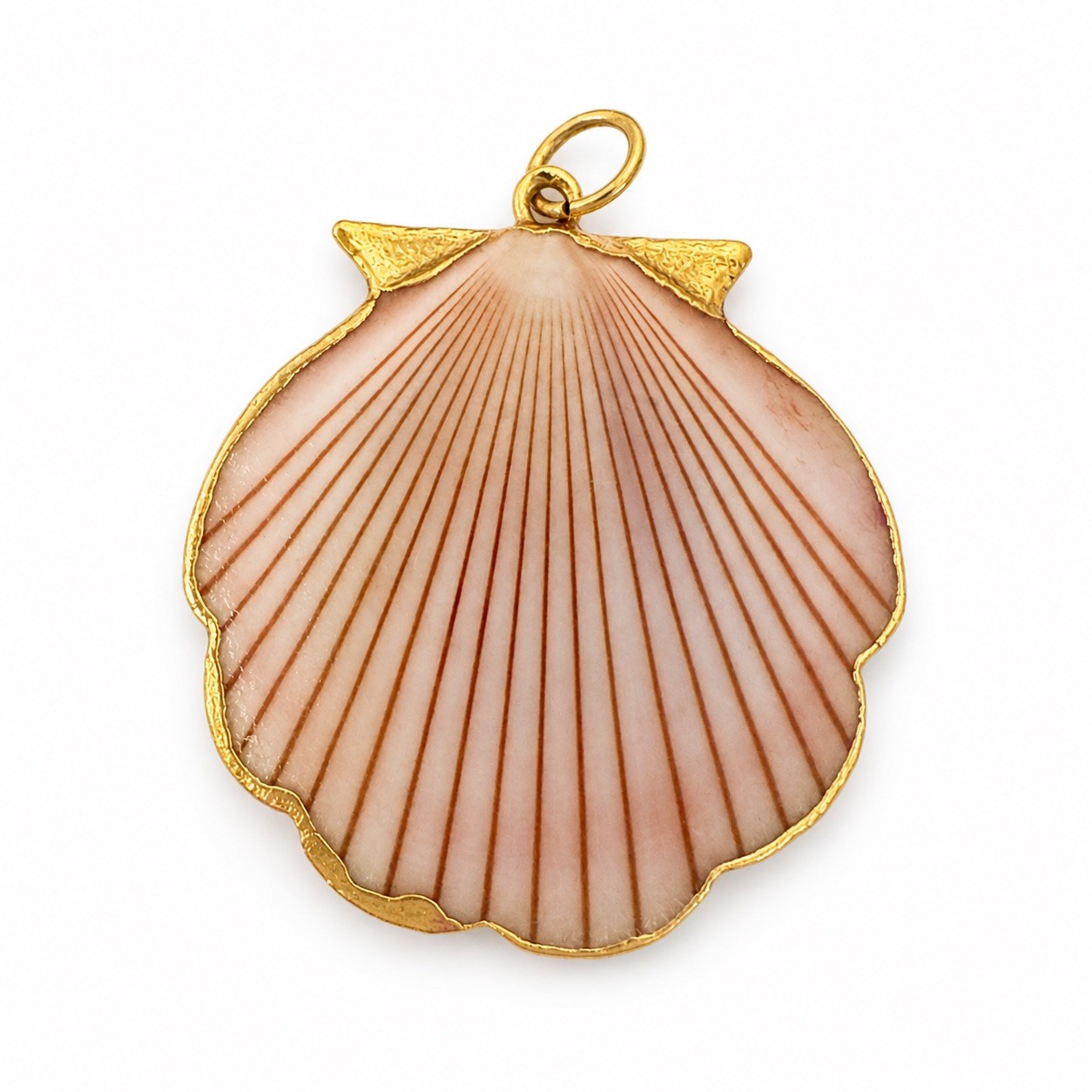 Vintage Pink And White Sea Shell Pendant Yellow Gold Rim