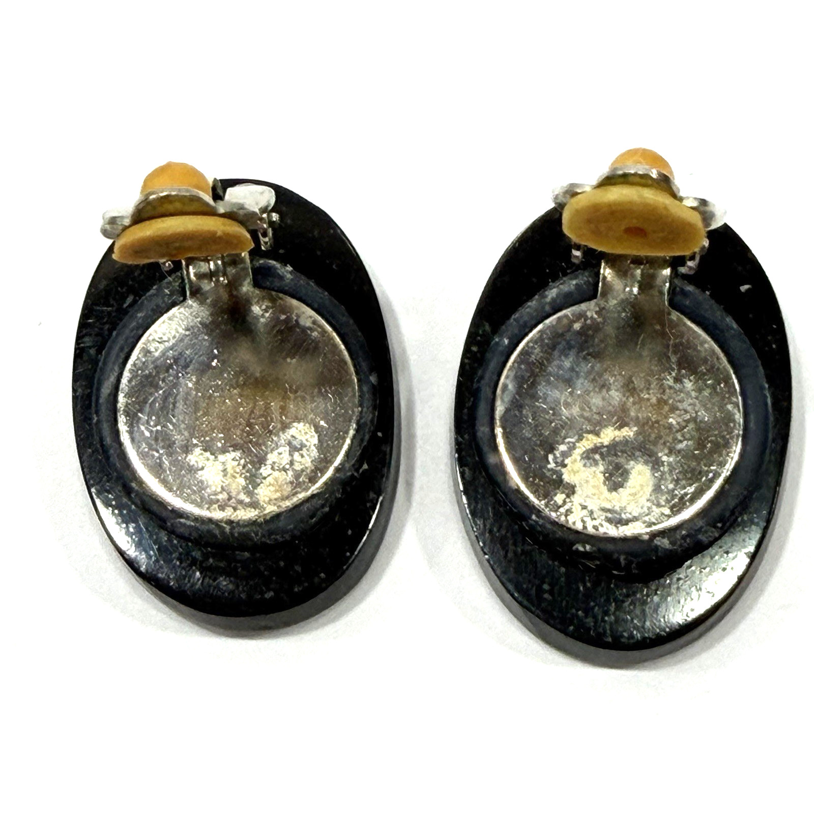 Vintage Paua Shell Brooch Earring Set Abalone Inlay Black Resin Art Deco Gatsby