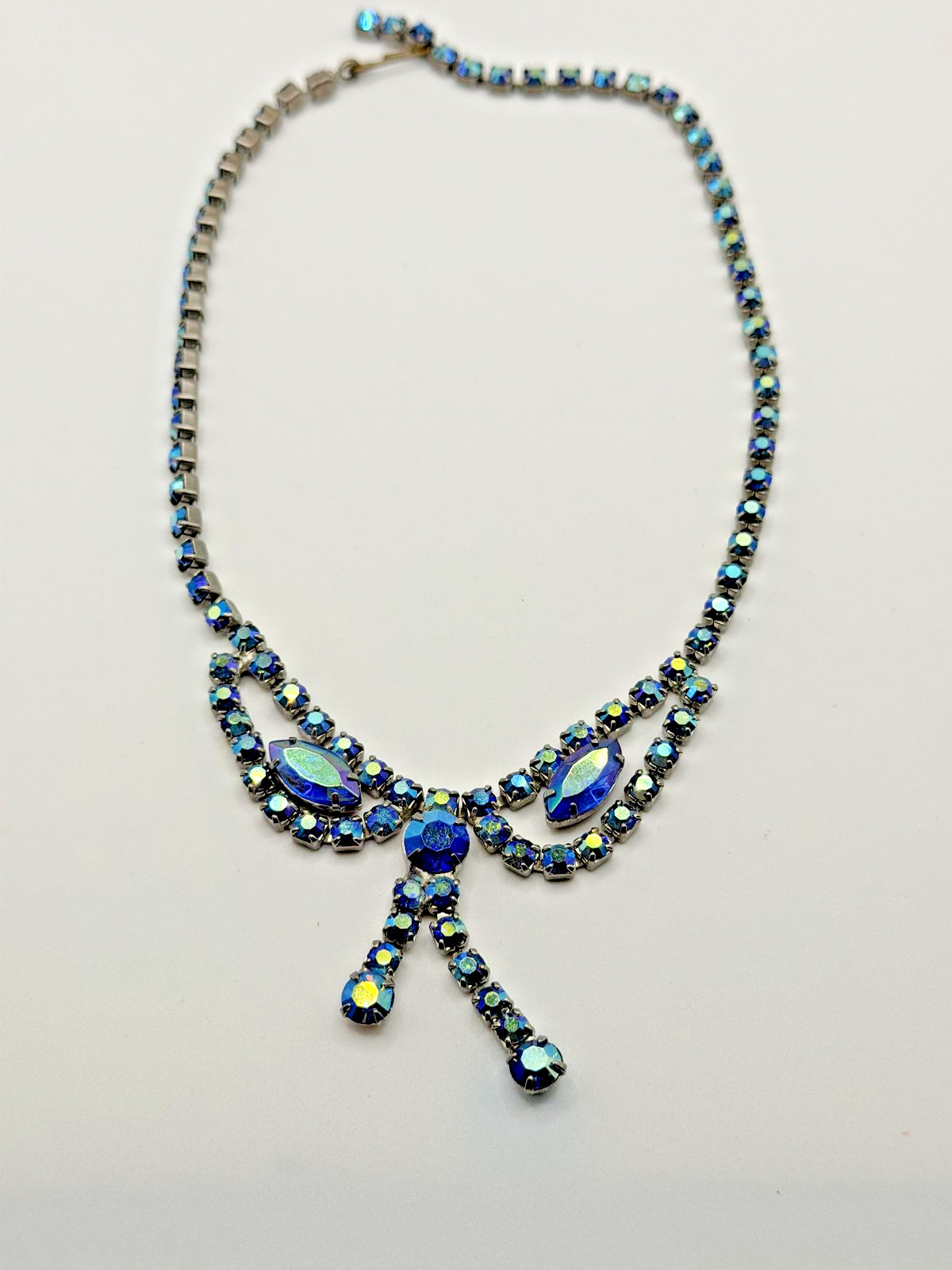 BLUE CRYSTAL RHINESTONE BOW Y-DROP STATEMENT NECKLACE 16IN WOMENS HOOK CLASP
