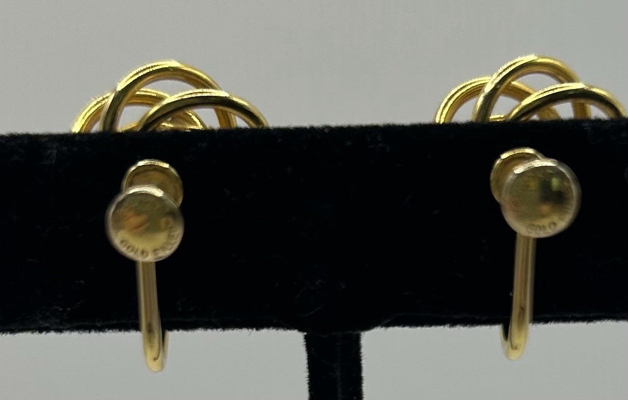 1/20 12k gold filled spiral love knot screw back blue rhinestone earrings