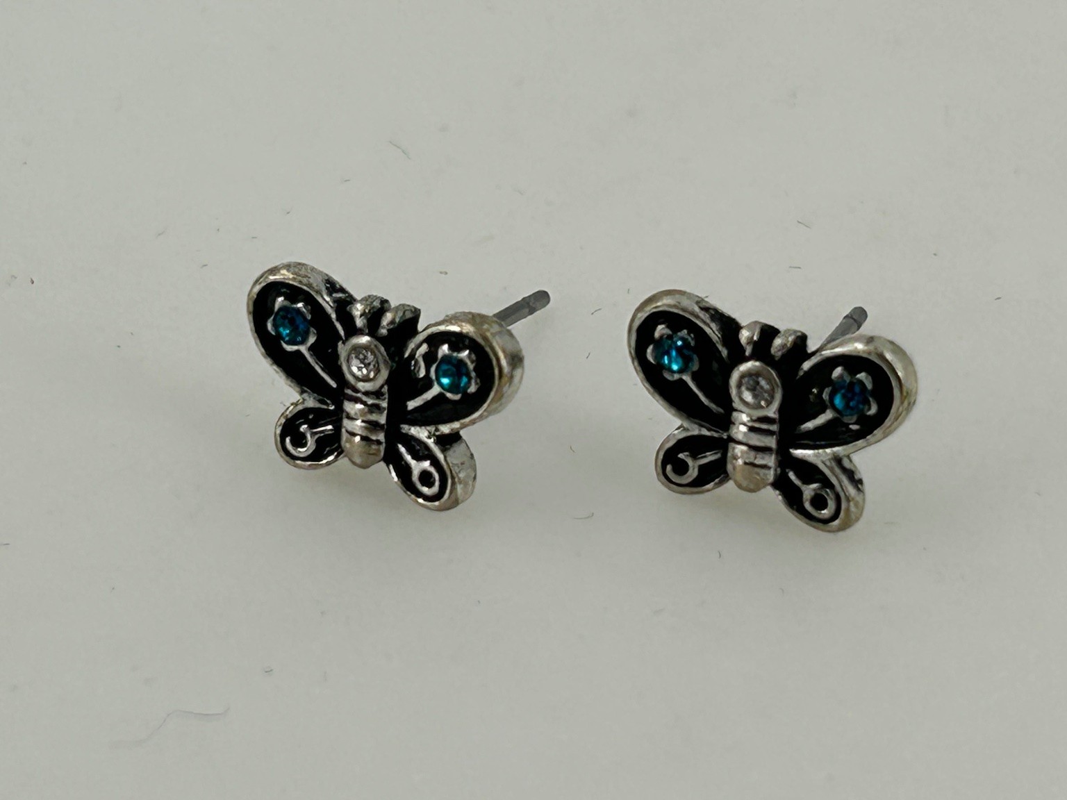 Butterfly Stud Earrings Silver Tone Metal 1.5cm x 1cm Rhinestone Accents