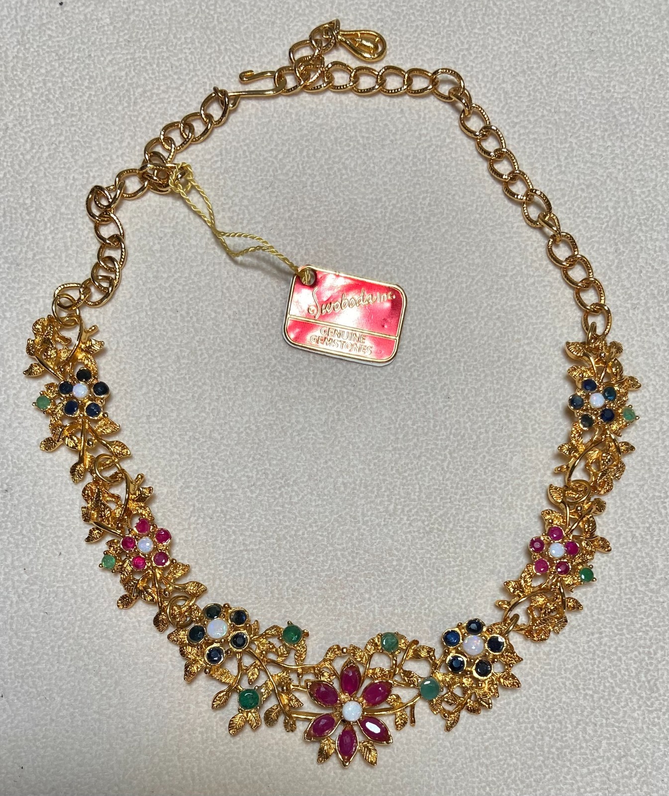 AUTHENTIC SWOBODA NECKLACE – GENUINE RUBY, SAPPHIRE, EMERALD, OPAL ~ STUNNING!