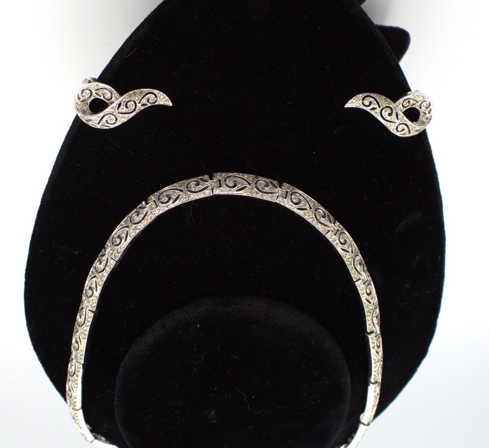 Panetta 1940s Cutout Scroll Rhinestone Necklace Clip Earring Set; Book Reference