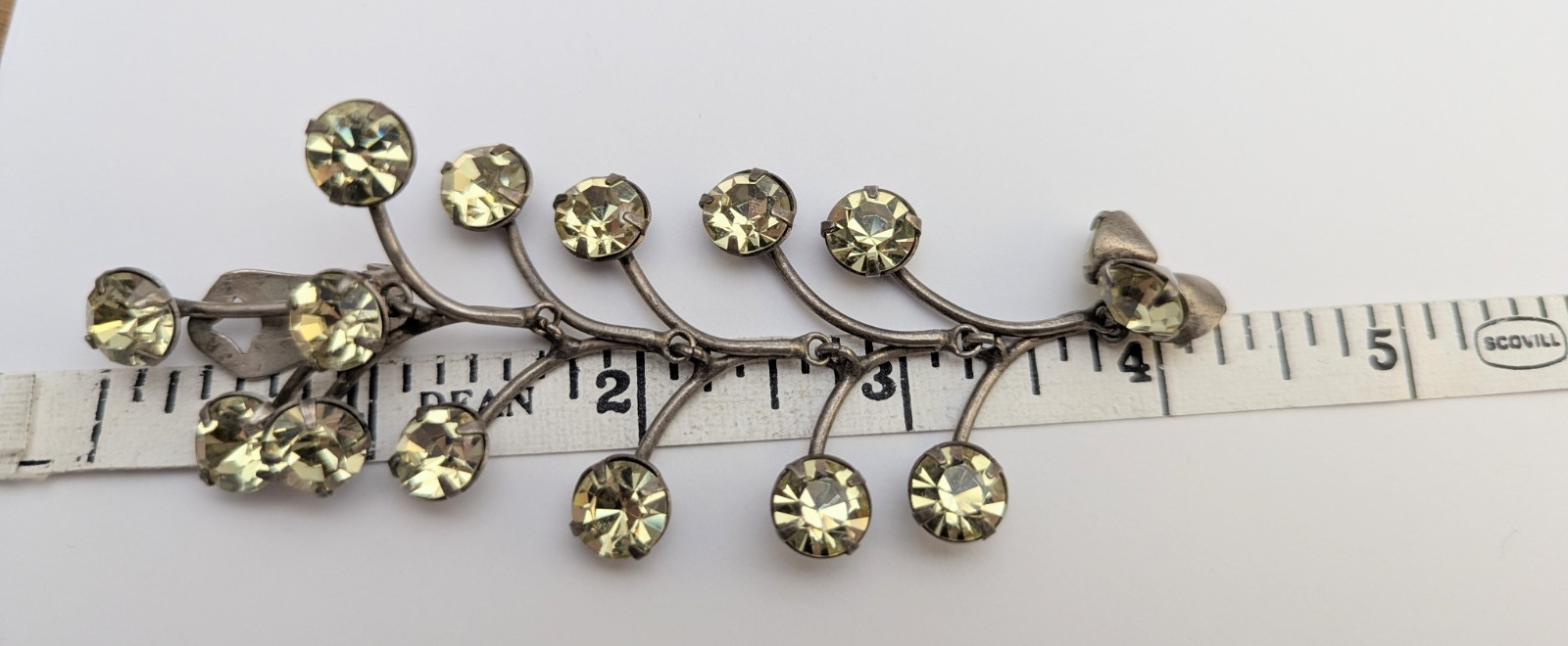 Vtg AMAZING Pale Green Faceted Glass Extra Long Branch Clip On Earrings 4 1/4″