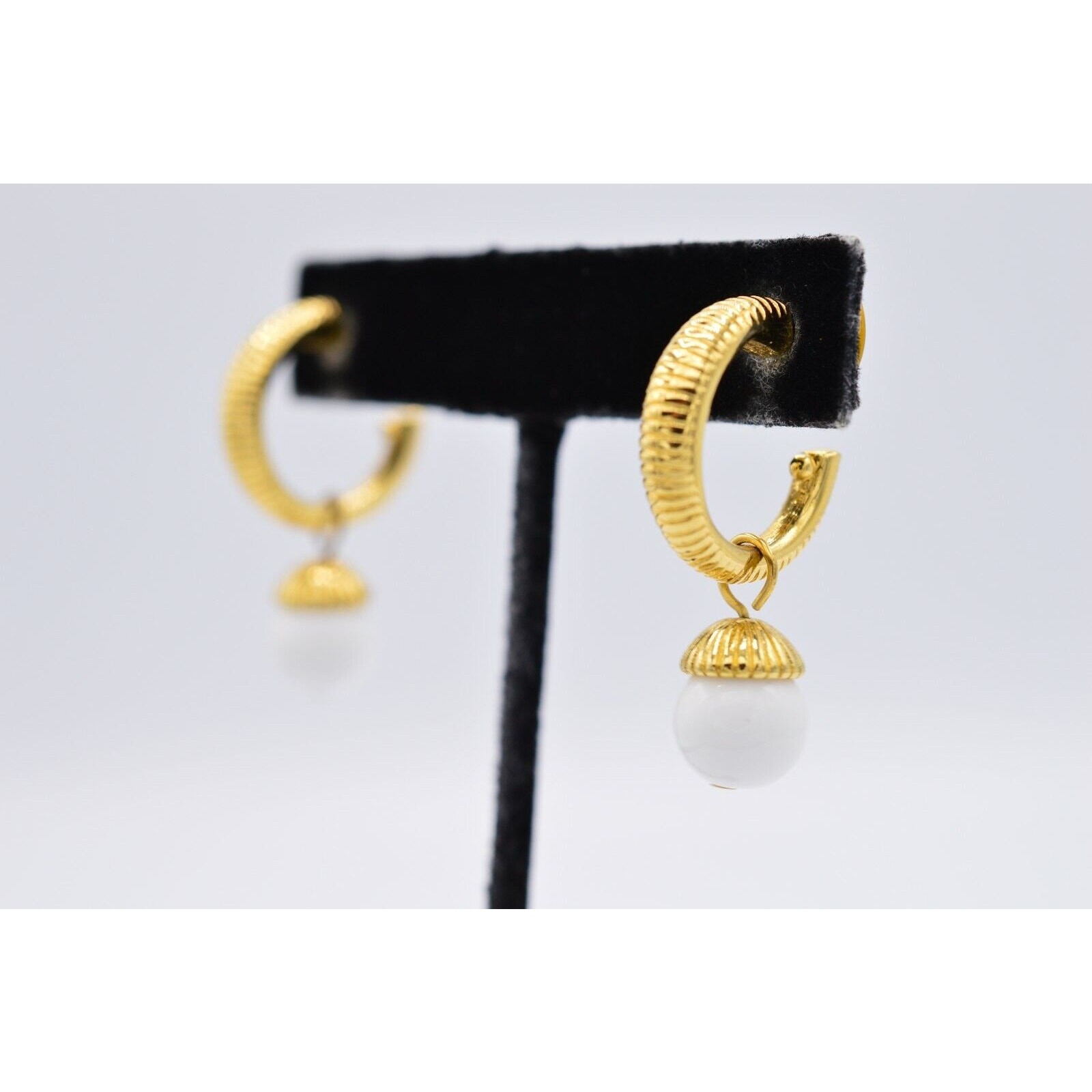 Vintage Hoop Drop Earrings Gold White Bead Pearl Dangle Pierced NOS 1980s BinX