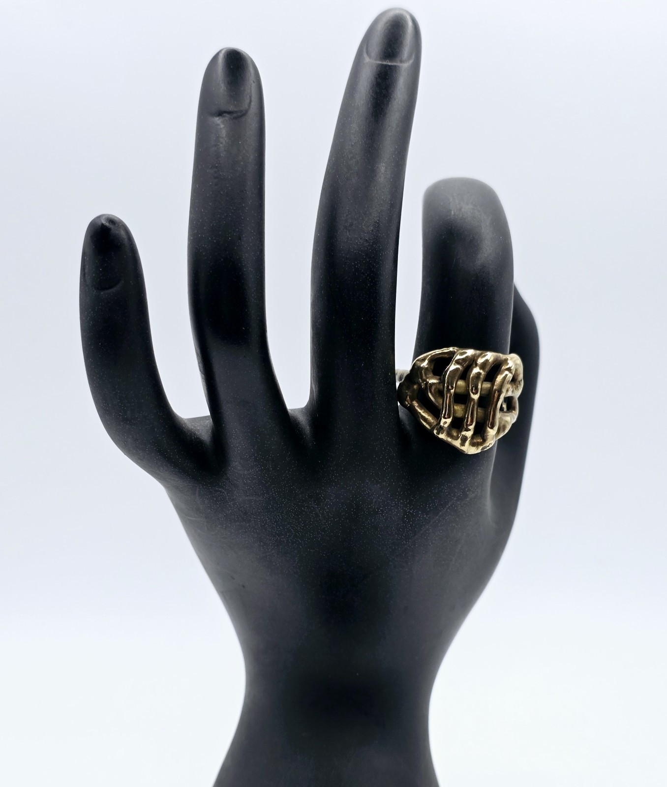 Vintage Brutalist Brass Skeleton Hand Ring Sz 8.75 MCM Modernist Goth Statement