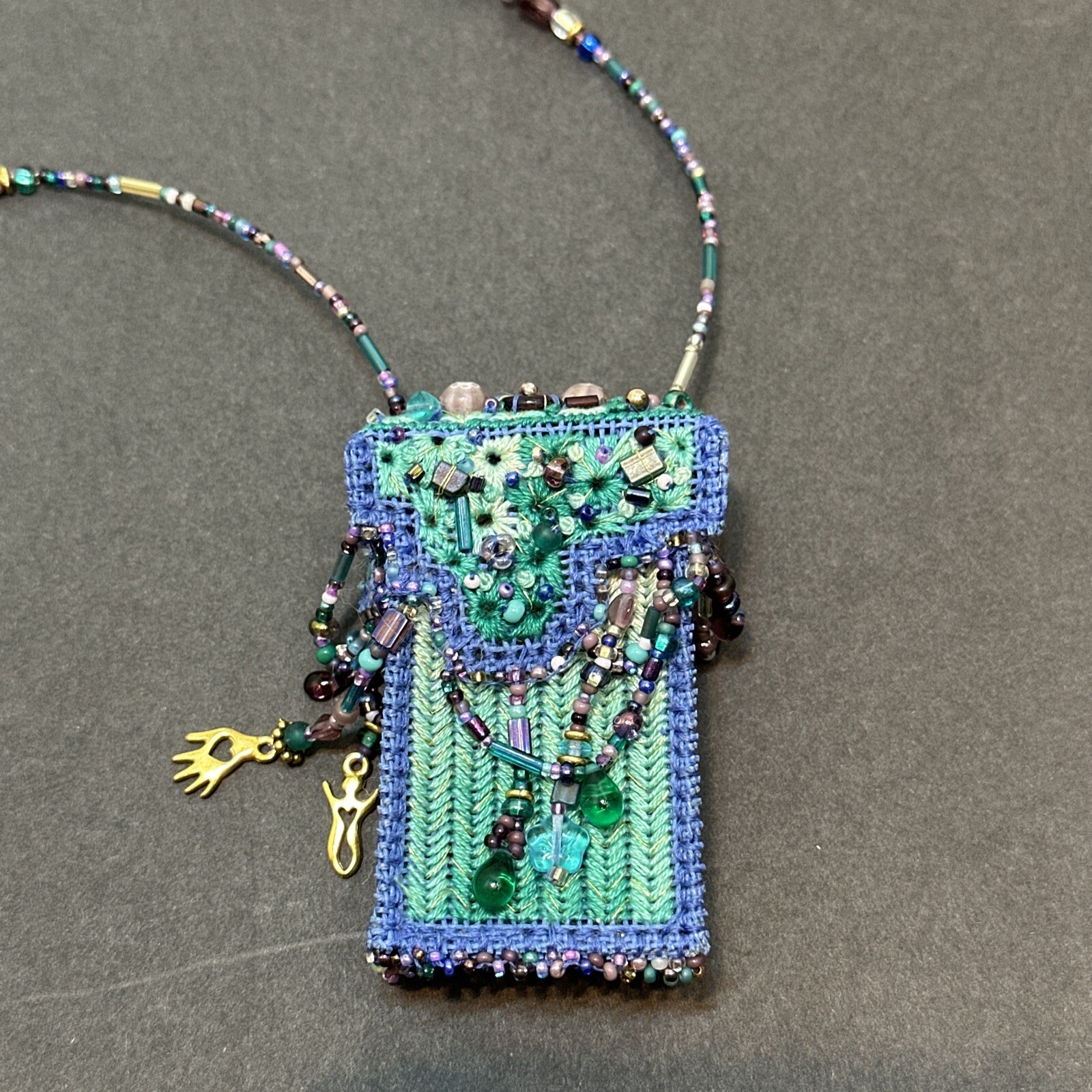 Vintage Handmade Blue Seed Bead Purse Necklace With Beaded Fringe-Bo Ho-Hippie