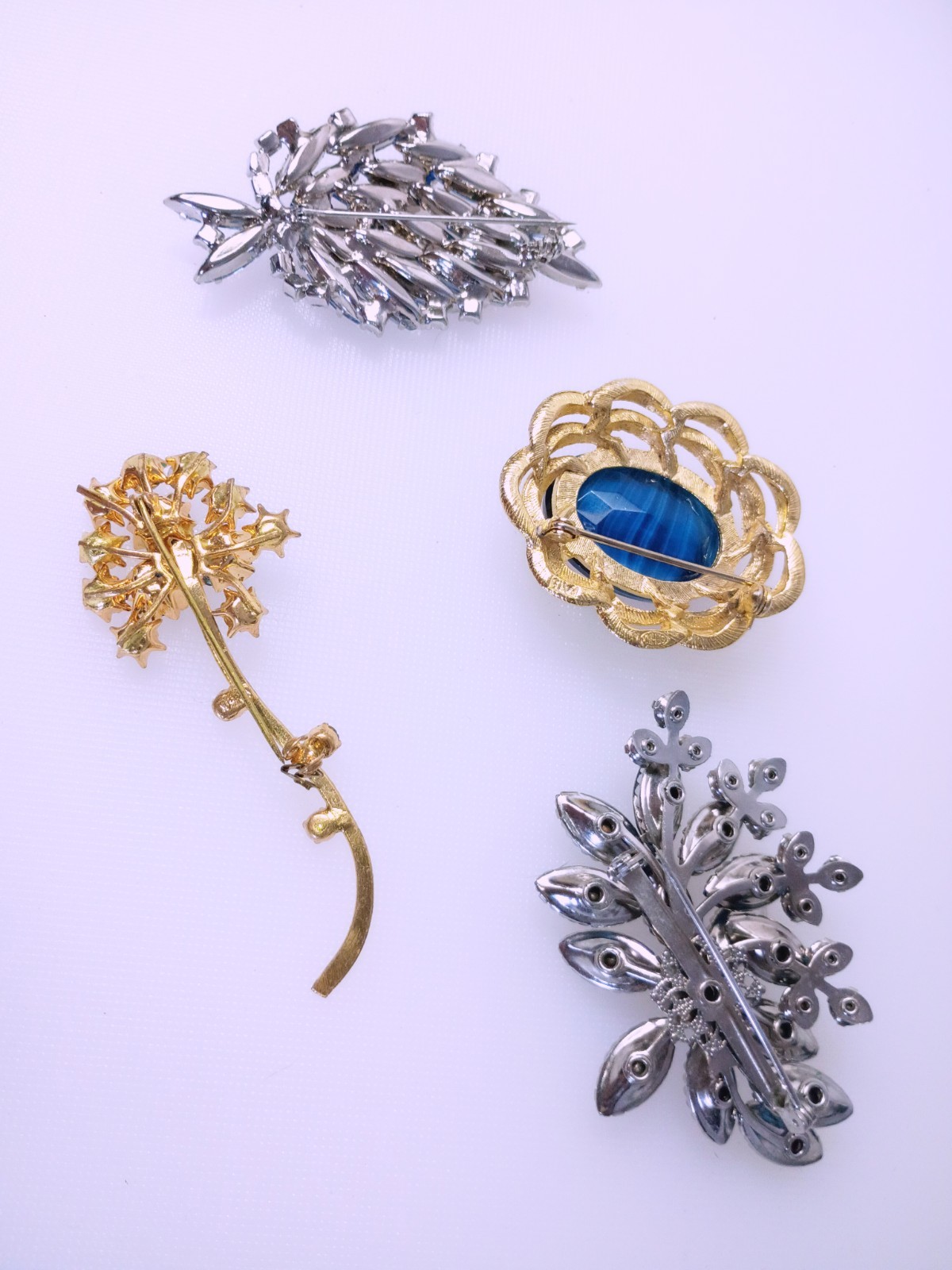 Rhinestone Costume Vintage Jewelry Lot, 4 Piece, Blue, Silver Tones, Gold Tones