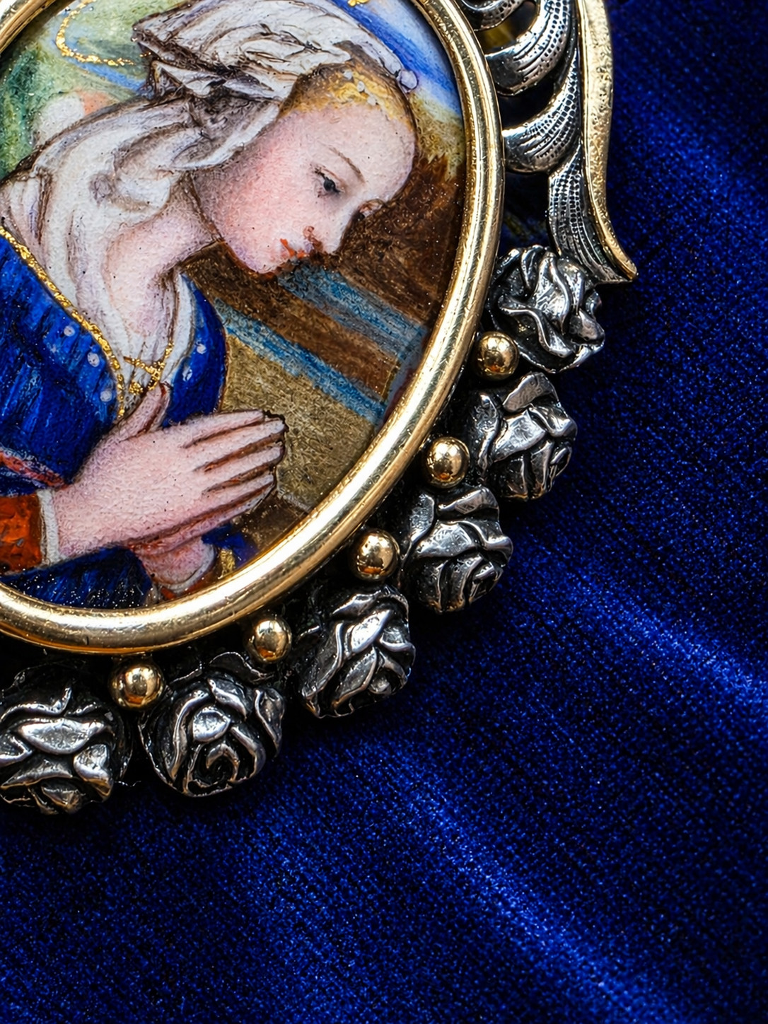 Antique Art Nouveau Silver & 18K Gold Enamel Virgin Pendant Hand Painted Medal