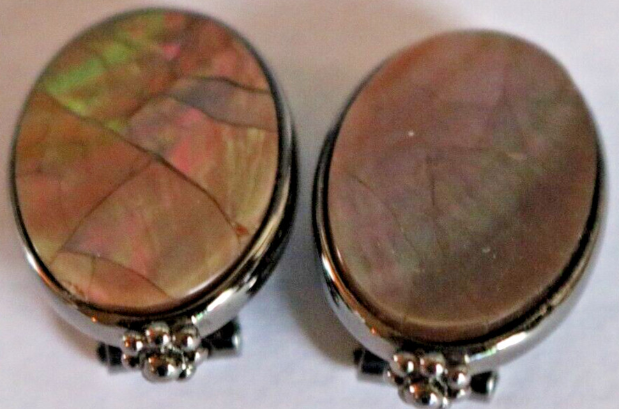 Earrings Abalone Signed L C Clip On Set in Gray Black Metal Silver or Pewter