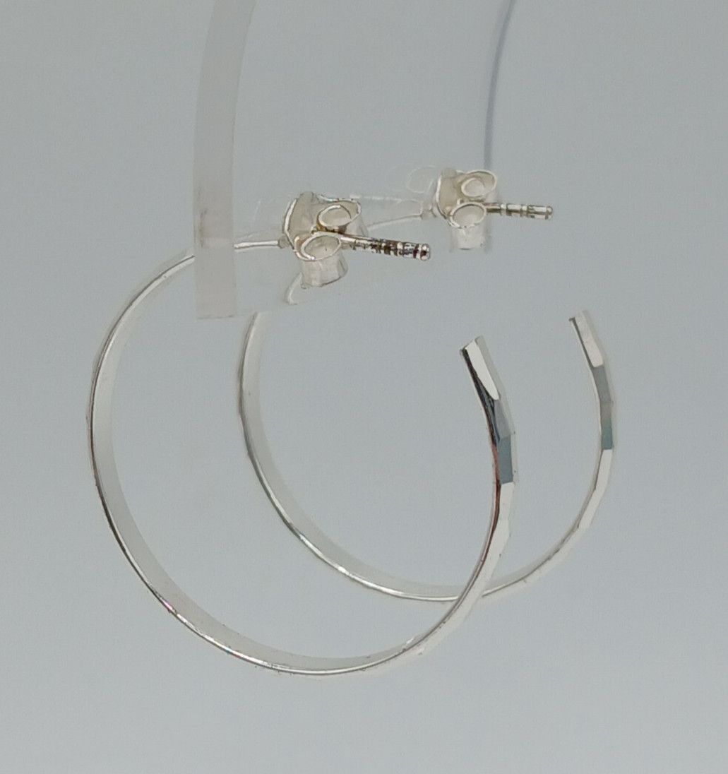 VTG FAS 925 Faceted Hoop Earrings 1.25in Sterling Silver 3g Classic Polished