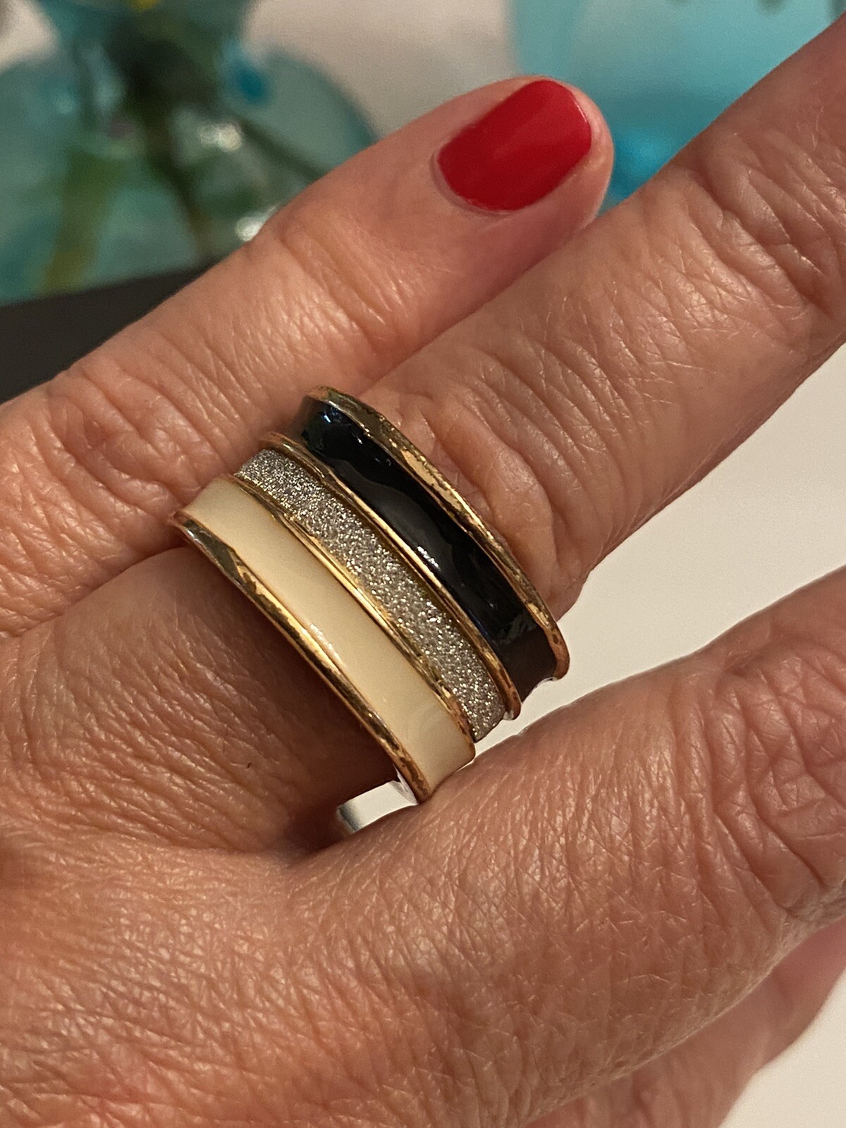 Vintage Enamel Paved Crystal Wide Band Ring