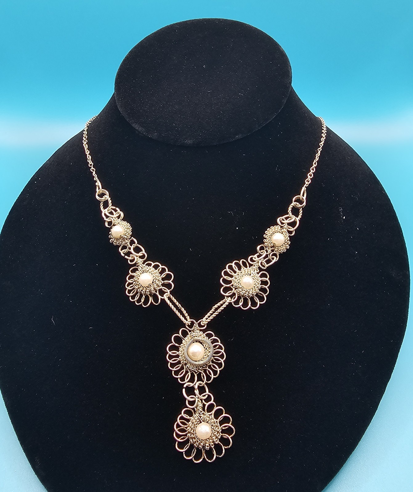 Vintage Cannetille Spun Wire Necklace Lot 2 Faux Pearl Rhinestone Original Clasp